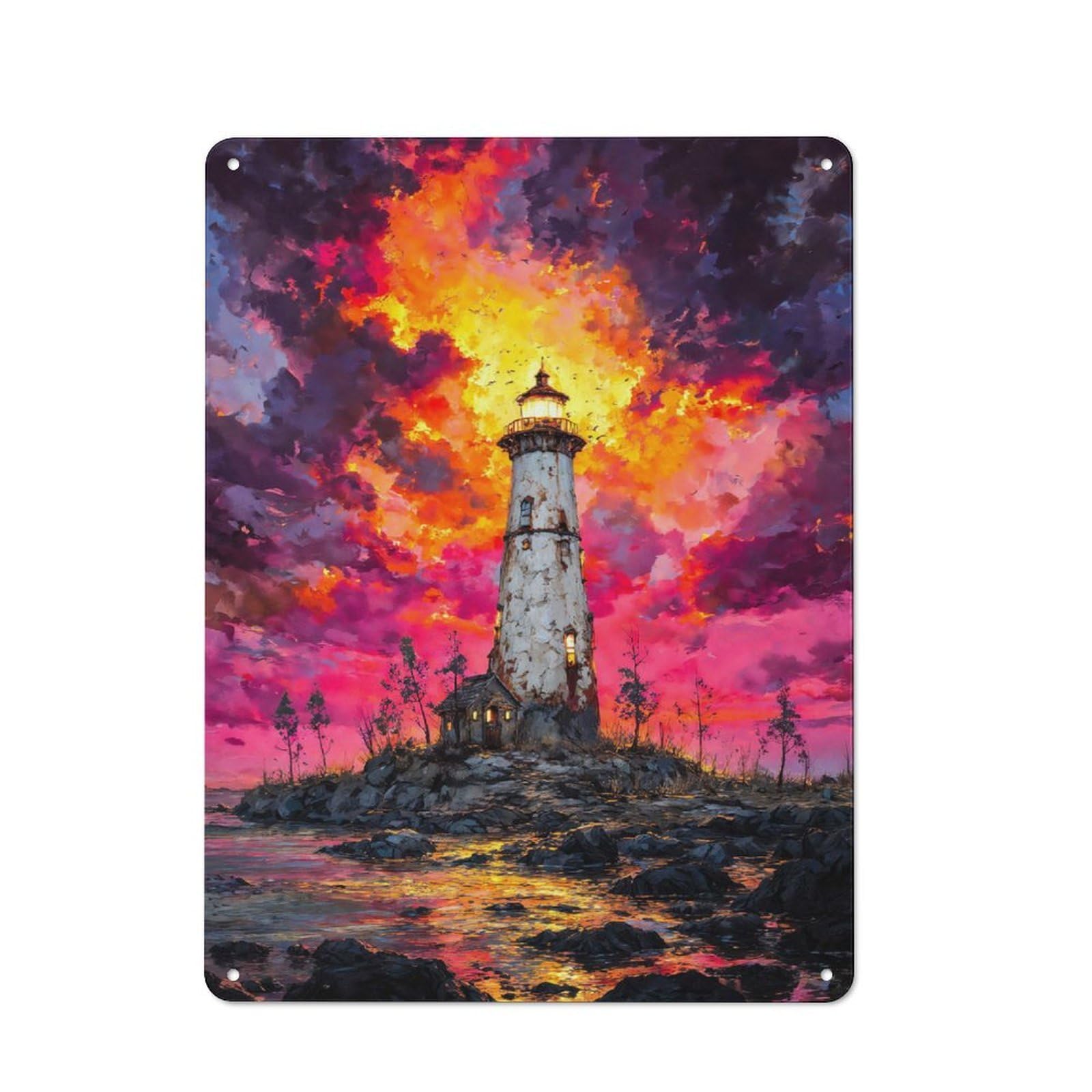Junmoney Style-7 Metal Sign 40X30cm With Lighthouse, Fiery Sunset, Sea For Pub Or Café, Vintage Decor, For Metal Sign Collectors, For Garage And Workshop Walls
