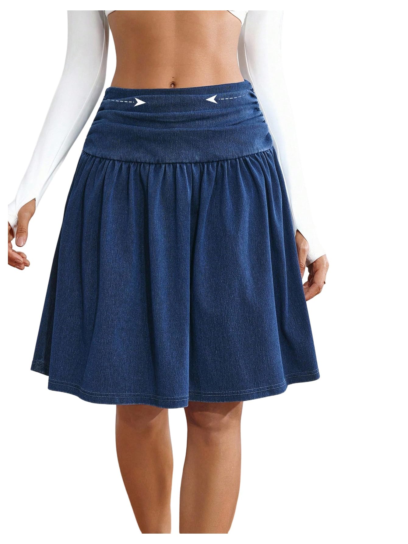 MakeMeChic Womens Denim Skirts Ruched Ruffle Hem A Line Flare Knee Length Jean Skirts