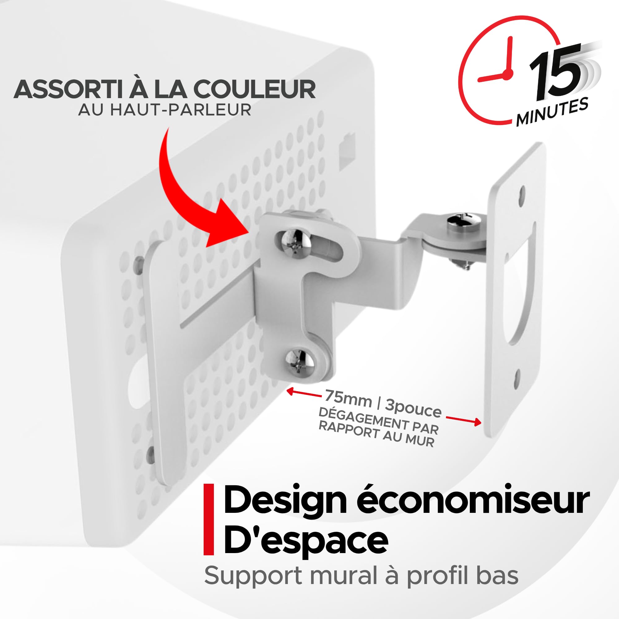 Play 3 Fixation Murale, Mécanisme de Basculement et de Rotation Ajustable, Crochet Simple pour Haut-Parleur Play:3 avec Accessoires de Fixation, Blanc, Conçu au Royaume-Uni par Soundbass