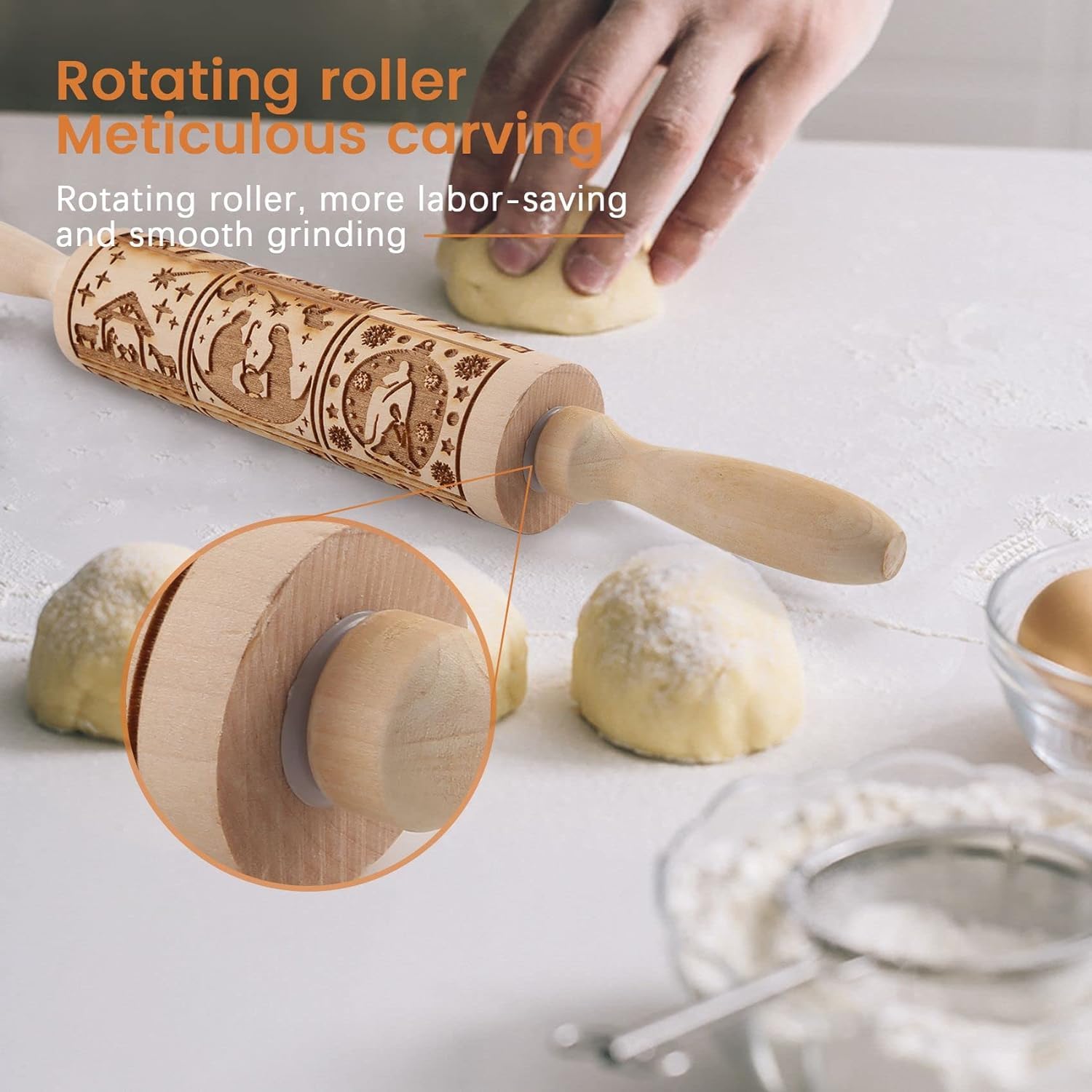 Mattarello Decorativo Di Natale In Legno Di Faggio, 35 Cm, Con Incisione 3D Per Biscotti E Pasta