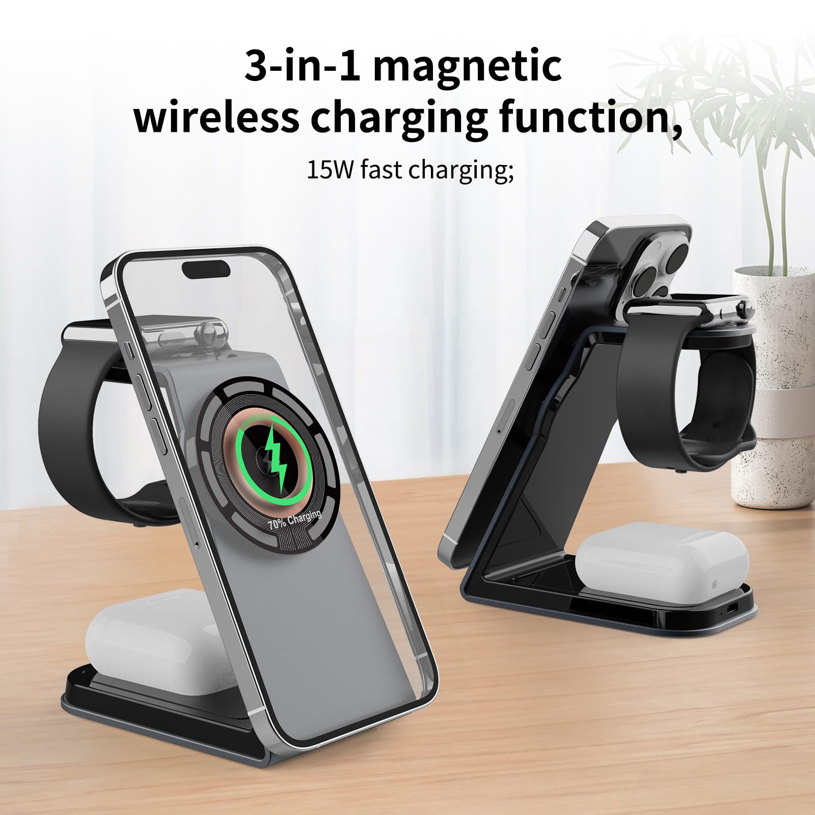 Oramkyo Caricatore Wireless Stazione, Caricatore Wireless 3 in 1, 15W Ricarica Wireless Charger Stand per iPhon serie 15/14/13/12, Serie iWath, Airpod 3/2/Pro(20W Adattatore)