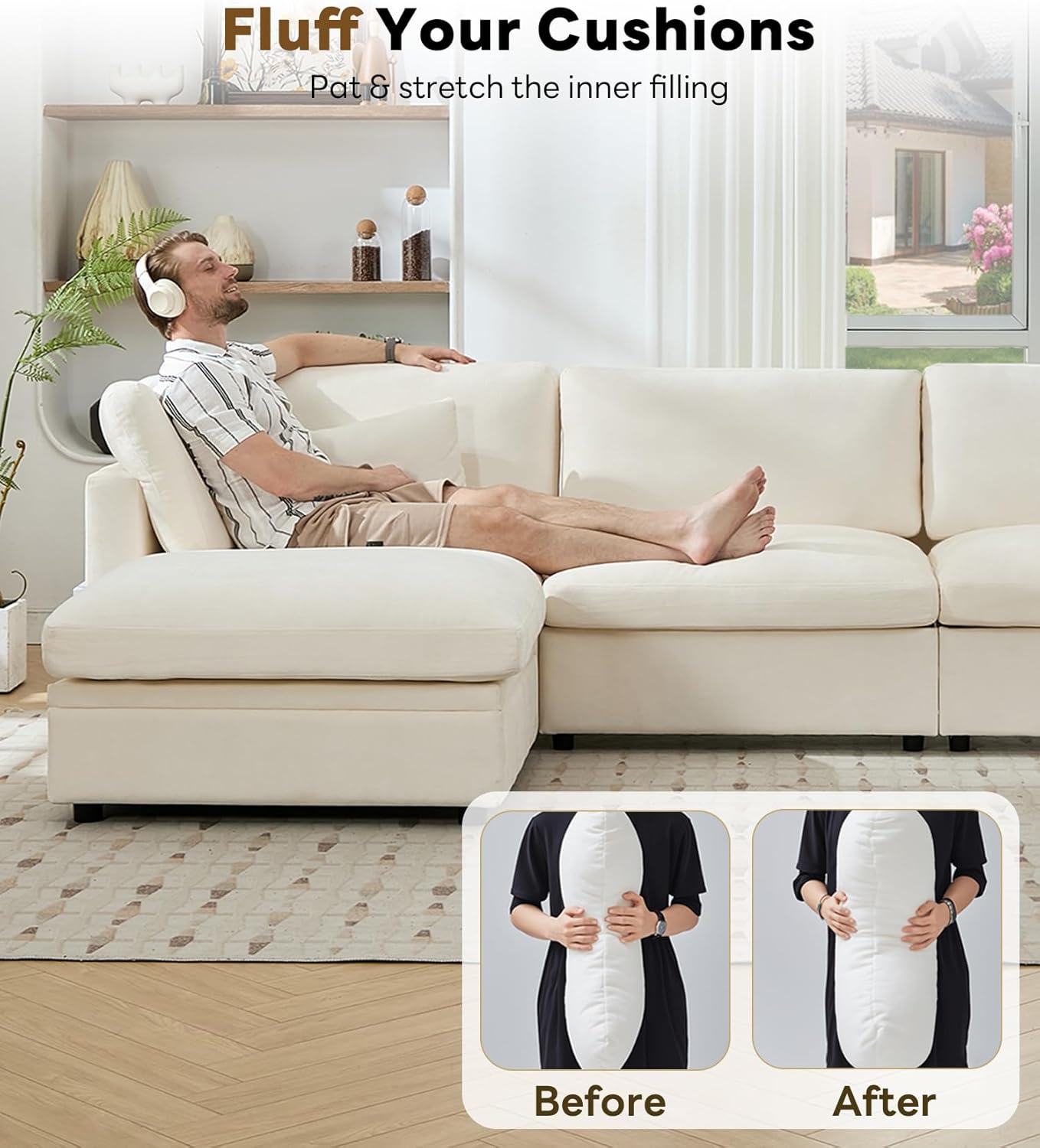 Tbfit Modern Sectional Sofa with Storage, Comfy Cloud Sectional Couch with Down-Filled Cushions, Sofa for Home, Living Room, Beige