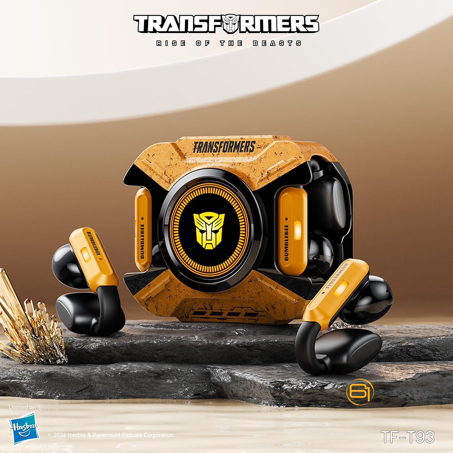 Transformers TF-T93 Ear-Clip True Wireless Bluetooth 6.0 Earbuds with Mic, Zinc Alloy Armor Case, Low Latency Game/Music Modes, Hi-Fi 12mm Drivers, Secure Fit Sports Earphones (Bumblebee Yellow)