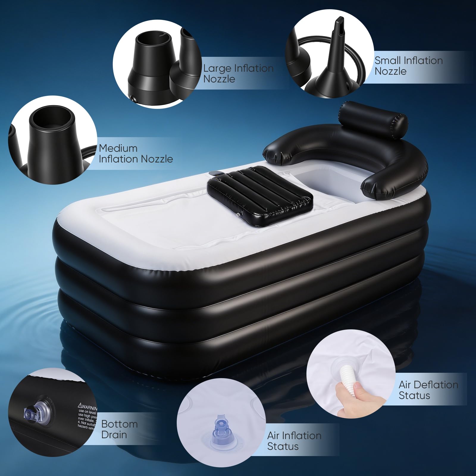 Bañera Adulto Portátil, 3 Min Inflación Rápida con Bomba Eléctrica, Bañera Hinchable Plegable con Tapa Aislante, Reposacabezas en U, Soporte para Vasos, Para Jardín Camping Baño, Negro-Blanco