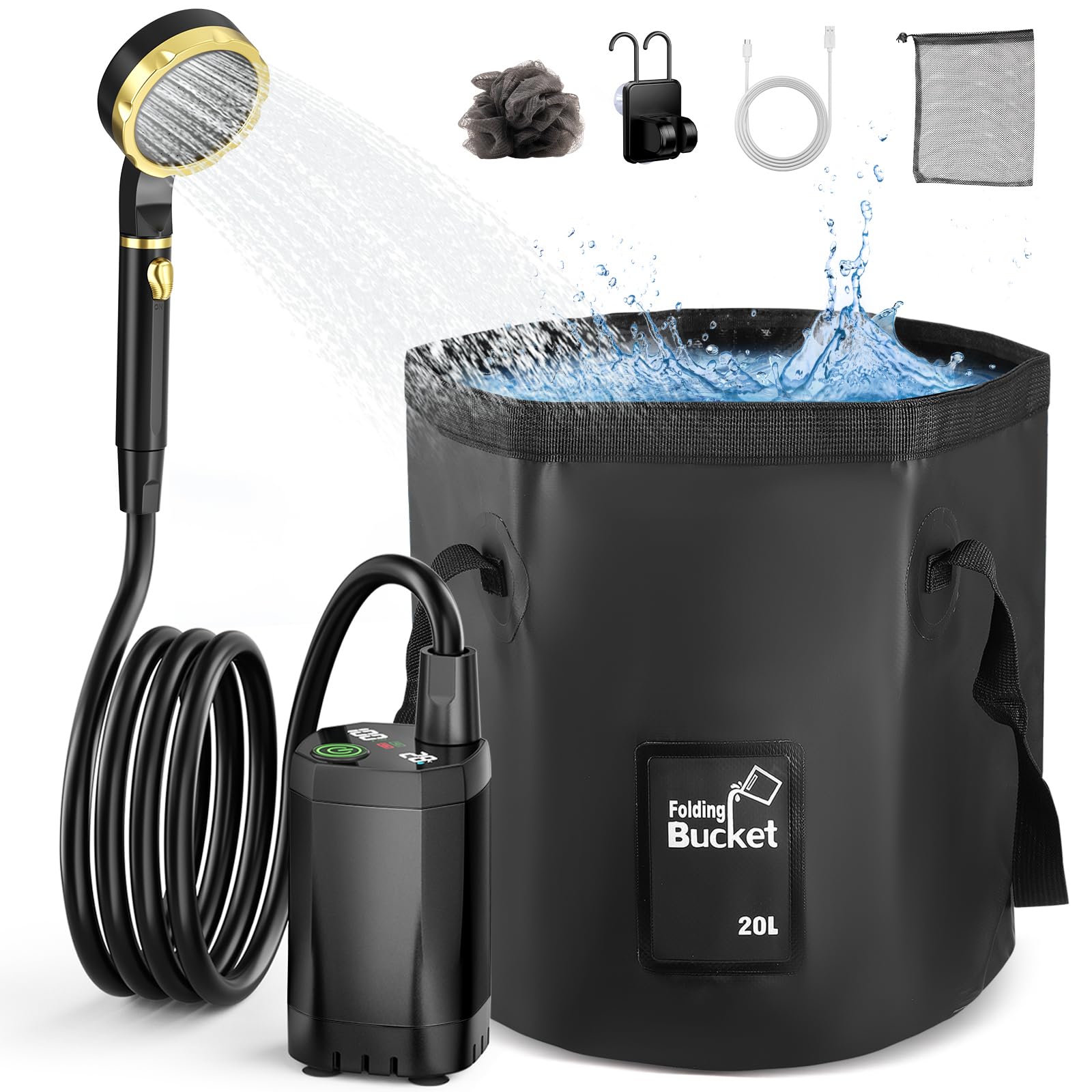 Douche de Camping Douche Portable 20L Douche Portable chauffante Douche Exterieur Pompe de Douche Électrique Rechargeable Kit Douche de Camping pour Extérieure Camping Randonnée