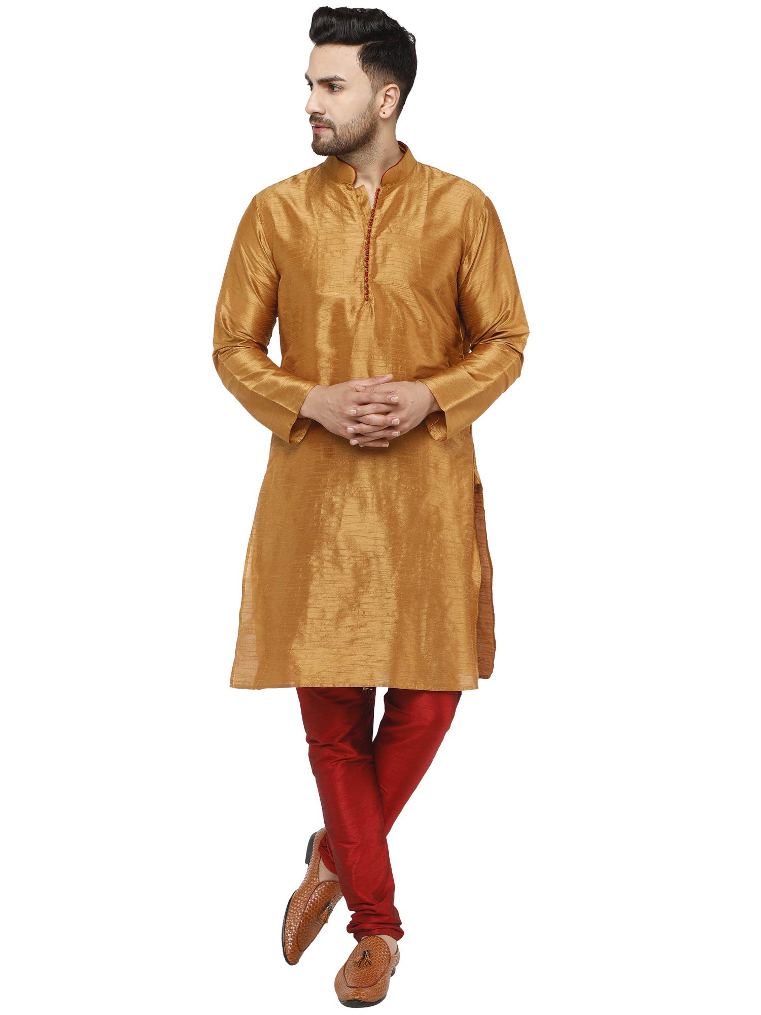 SKAVIJMen's Art Silk Self Design Kurta Pajama Mandarin Collar 2-Piece Ethnic Festive Dress