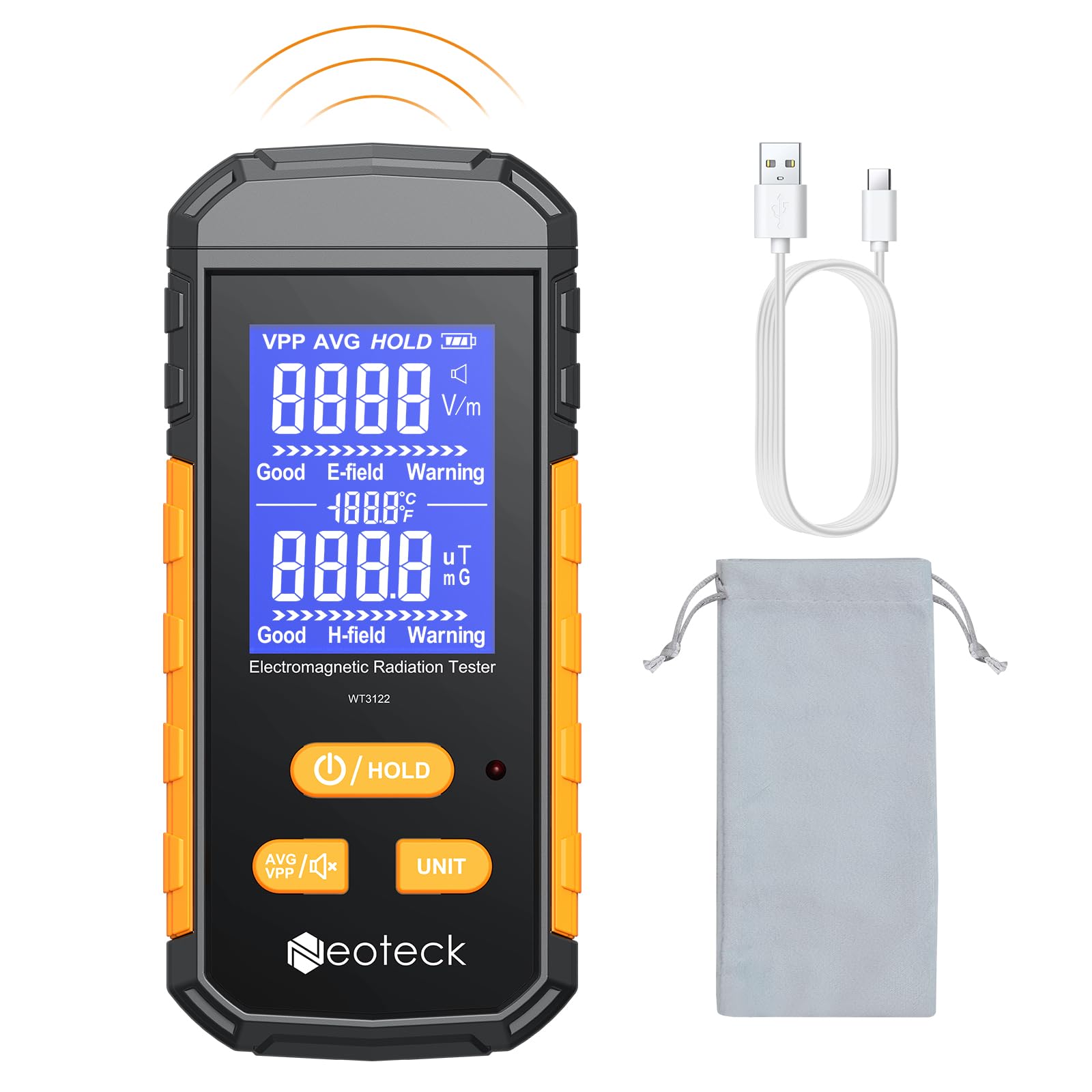 Neoteck Misuratore EMF 3-in-1 Rilevatore di Radiazioni Elettromagnetiche Ricaricabile con Schermo LCD Contatore di Radiazioni Allarme Acustico Campo Elettrico per Cucina Ufficio Fabbrica