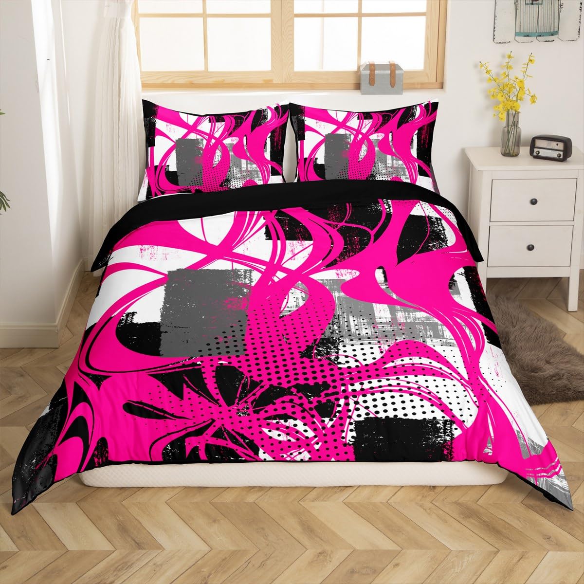 Parure de lit 3 pièces housse de couette géométrique rose vif et gris 2 personnes