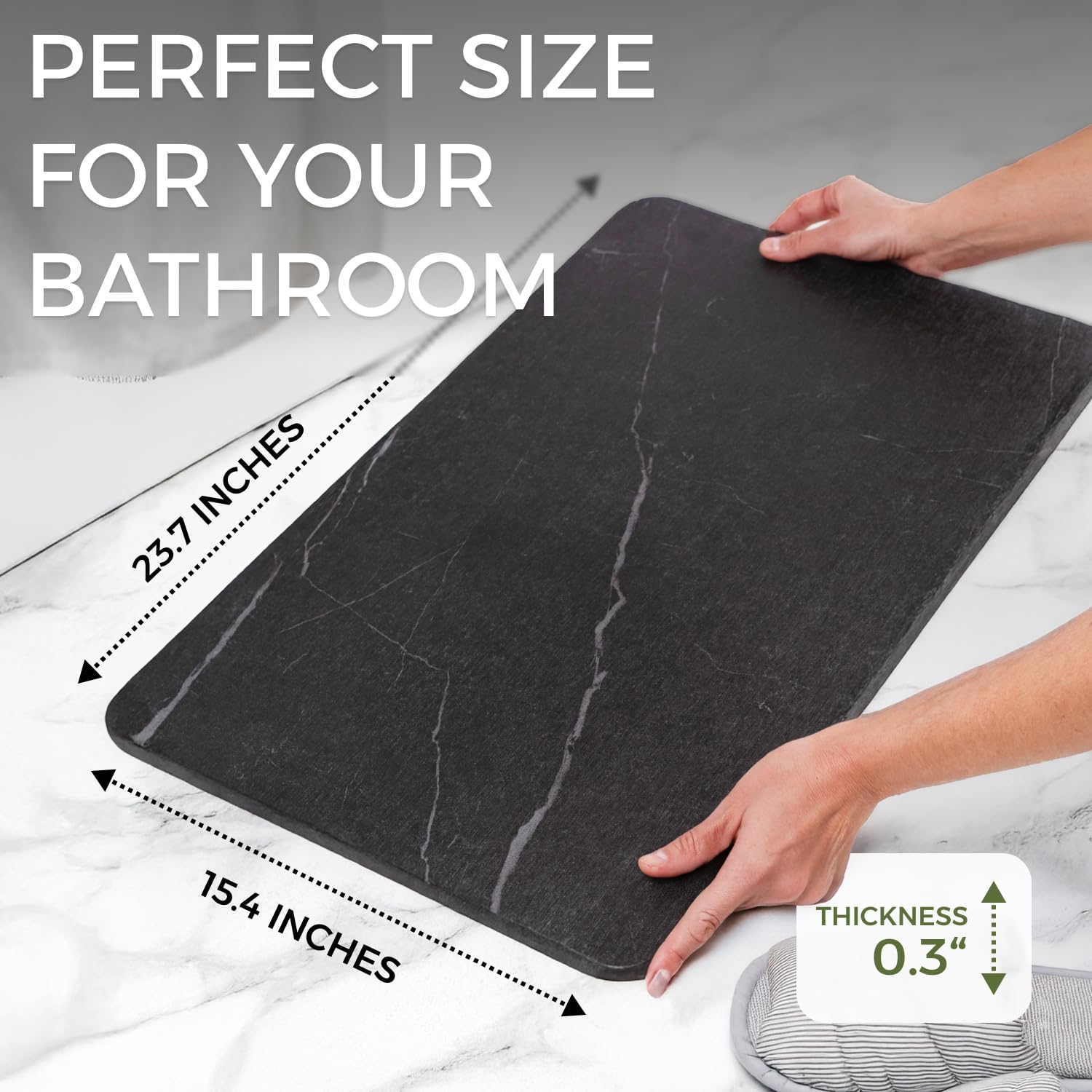Stone Bath Mat, 23.7 x 15.4 inches, Quick Dry & Non-Slip Diatomaceous Earth Bath Mat for Bathroom and Kitchen (Black Marble)