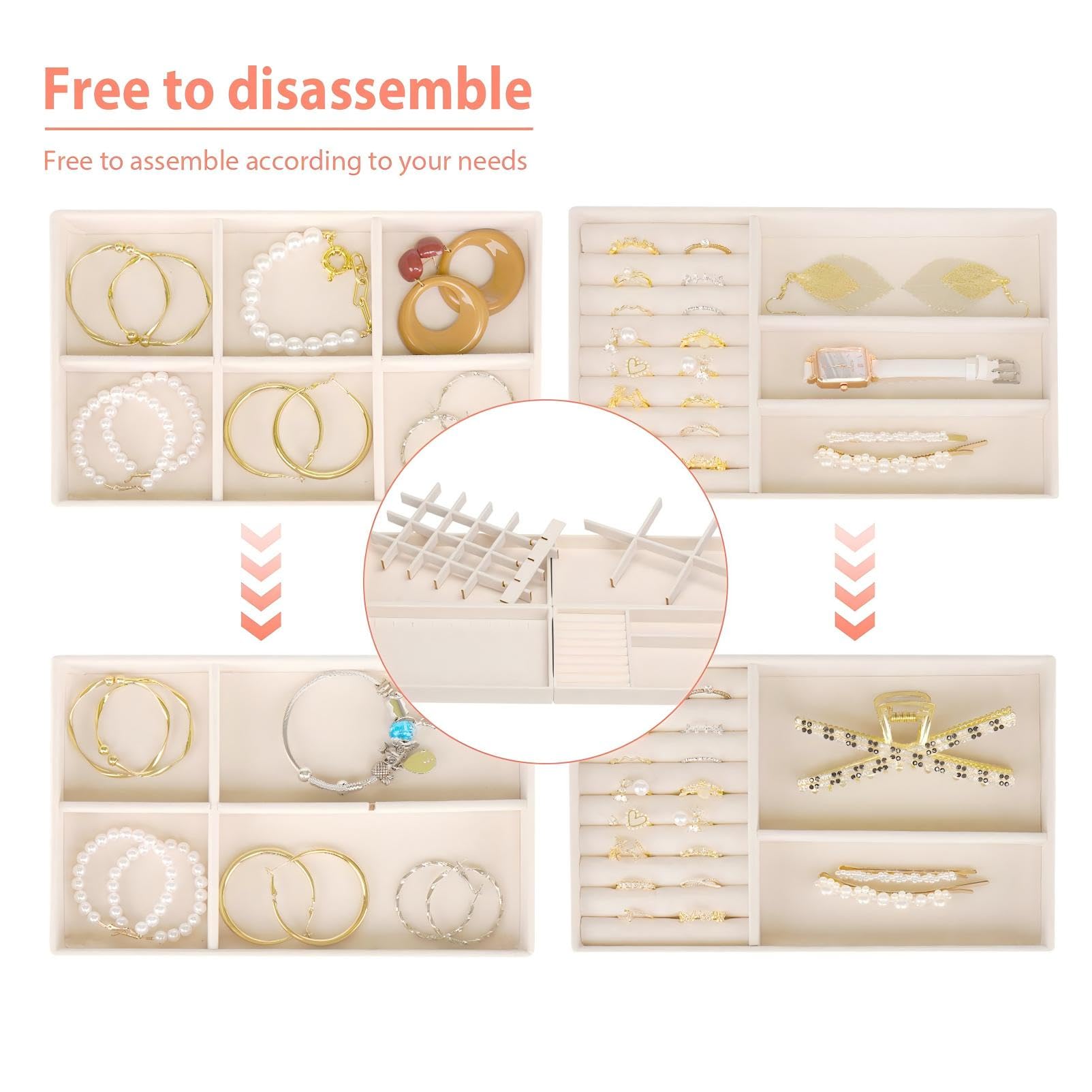 Stackable Jewelry Trays Organizer for Drawer, 4 Set of Jewelry Organizers and Display Case Storage, Velvet Drawer Inserts Organizer for Necklace Bracelets Earrings Organizer-4 Set , Gift For Her,Beige