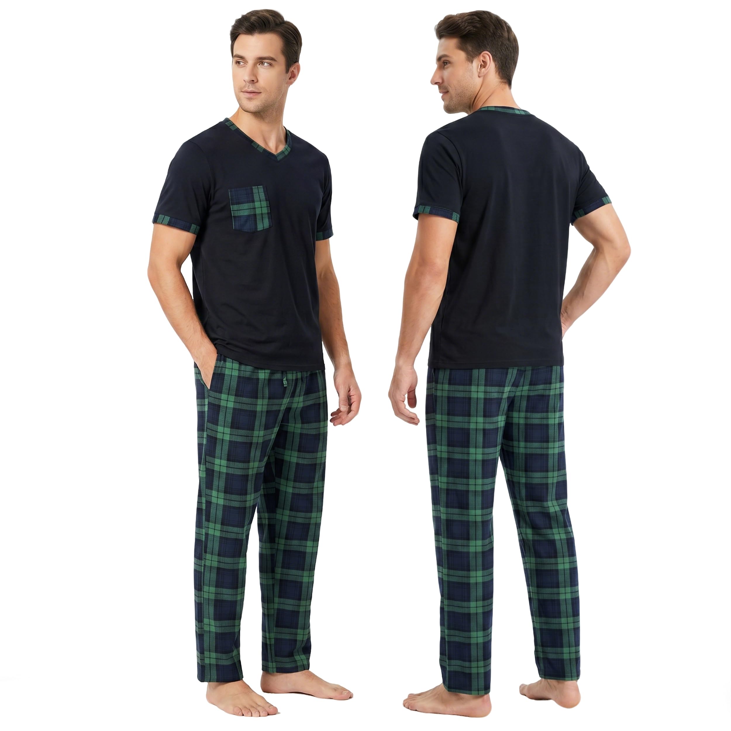 Bas de Pyjama Homme à Carreaux en Coton Peigné Pantalon de Détente avec Poches Lingerie de Nuit Confort Quotidien