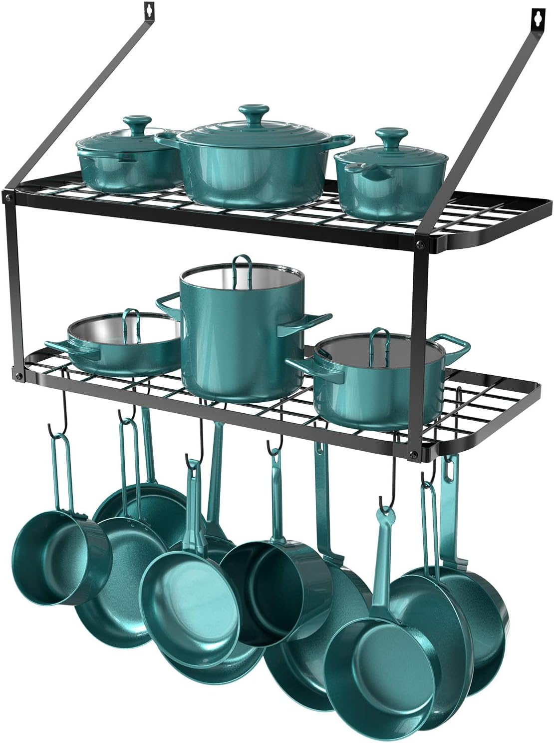 GeekDigg29.5 Inch Wall Mounted Pot Rack Storage Shelf with 2 Tier 10 Hooks Included, Kitchen Pot Racks Hanging Storage Organizer (Black)