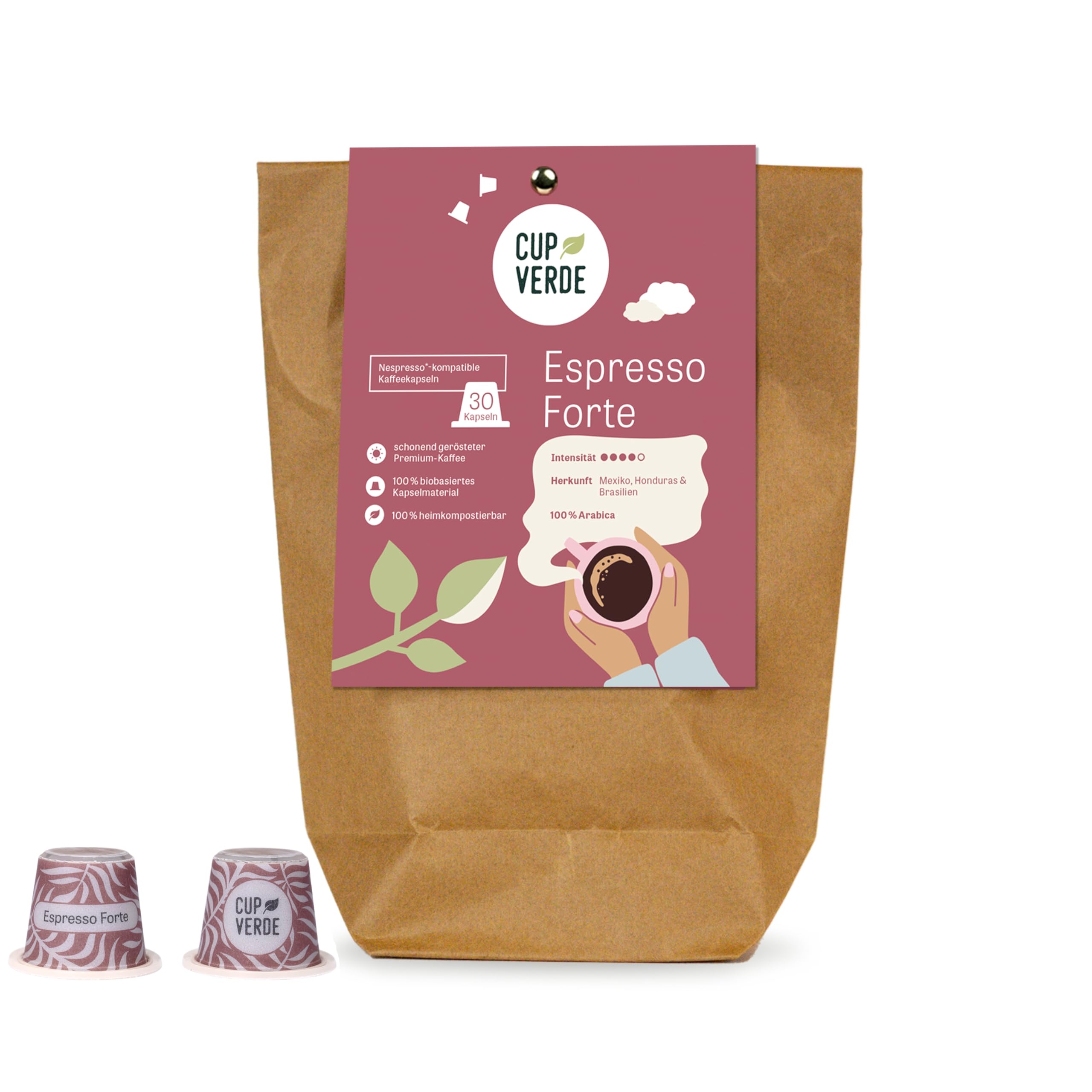 CUP VERDE – 30 Espresso Forte Kaffeekapseln kompatibel mit Nespresso® Extra aromatisch – 100% Arabica – Nachhaltig & heimkompostierbar – Premium Kaffee – schonende Trommelröstung (30 Stück)