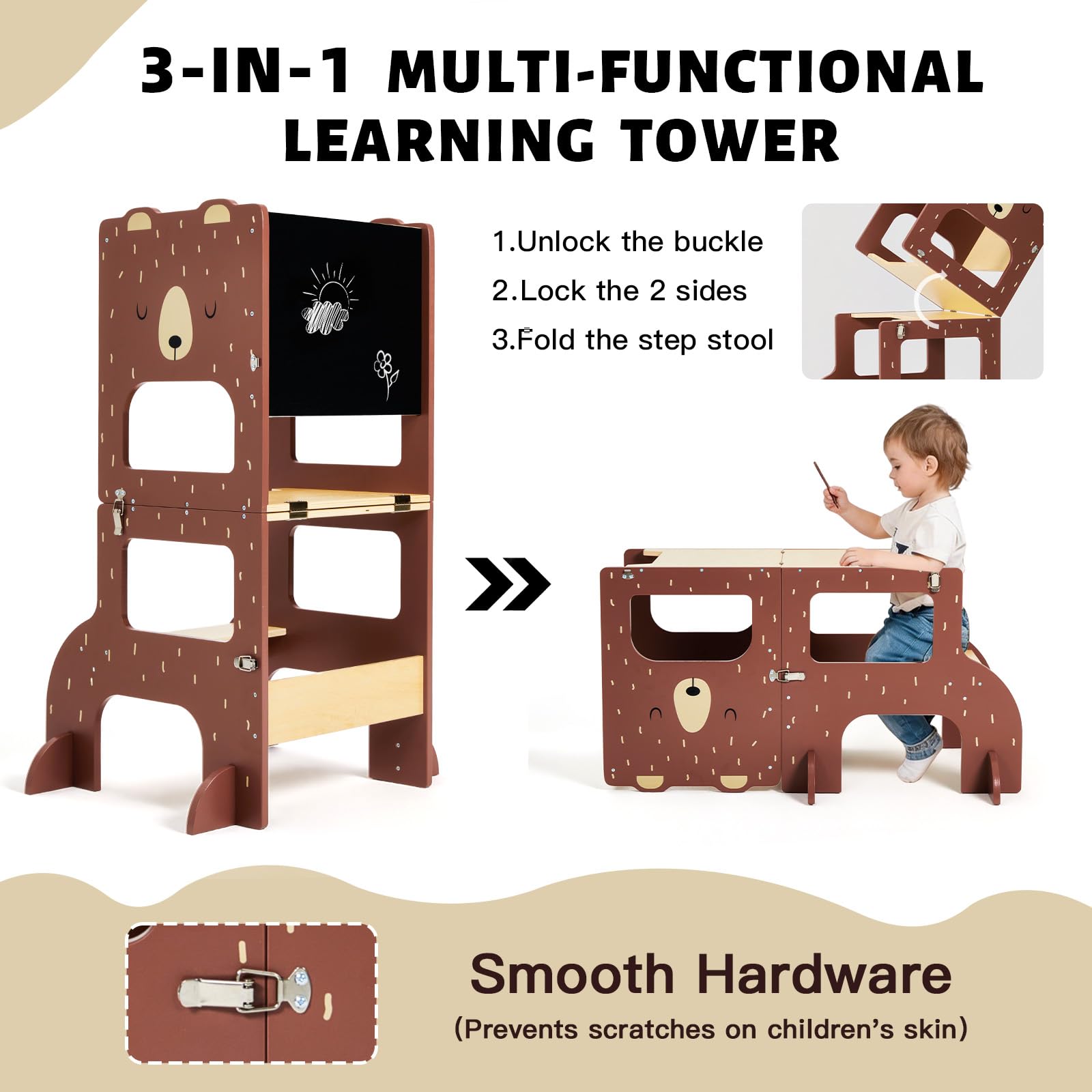 Labebe Torre Montessoriana Pieghevole in Legno Grandi Dimensioni 3 in 1 con Lavagna Orso Bruno