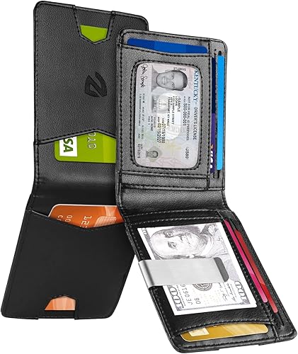 Miniatura 2 de NPET Cartera delgada para hombre, de piel, plegable, con bloqueo RFID, con clip para dinero y caja de regalo, Lichee Negro, Cartera para hombre