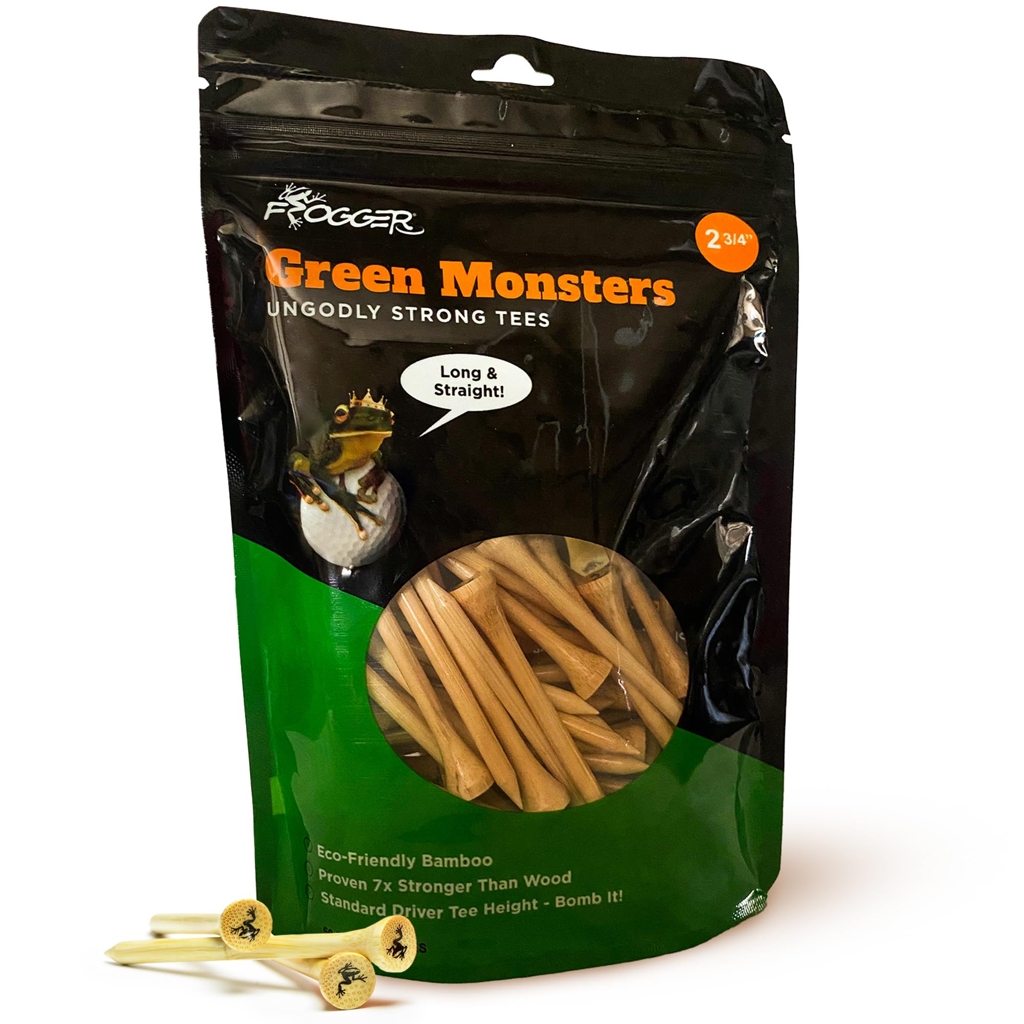 Frogger Green Monsters Premium Golf Tees, Made from Ultra-Strong and Sustainable Bamboo, Stronger Than Traditional Hard Wood Tees, 1-1/8", 2-3/4", and 3-1/4" Available