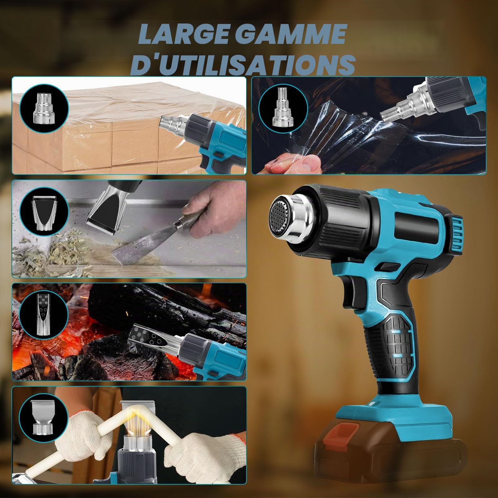 Pistolet thermique sans fil compatible avec batterie Makita 18 V, max 550 °C, chauffage rapide en 2 à 3 s, avec 5 buses pour tube rétractable, film vinyle, artisanat, électronique (sans batterie)