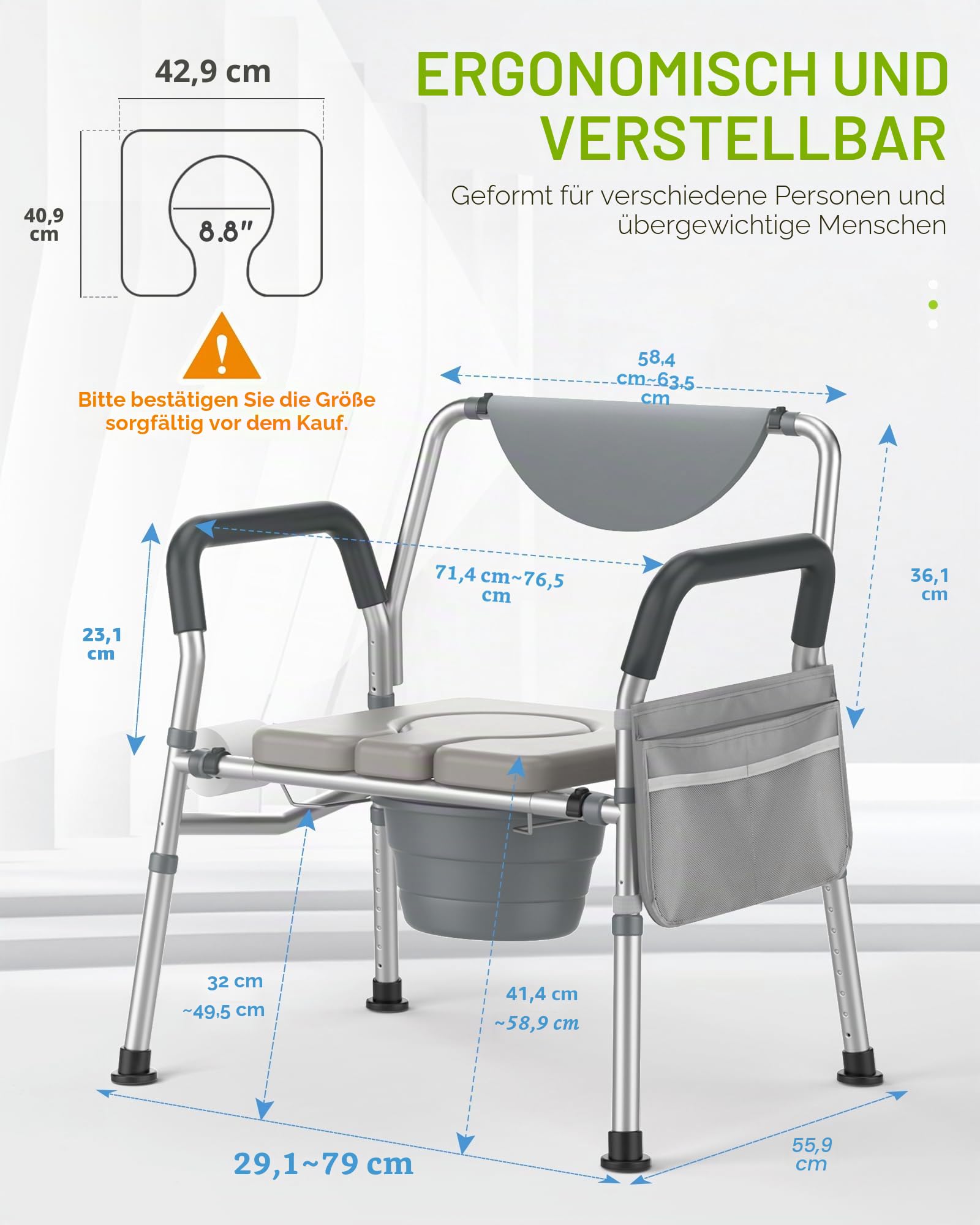 Heavy Duty Bariatric Commode, 4-in-1 Tragbare Nachtkommode oder Über-Toilettenstuhl, extra breit | Höhenverstellbar | Leicht zu reinigen, Handicap Toilettenstuhl für ältere Menschen mit