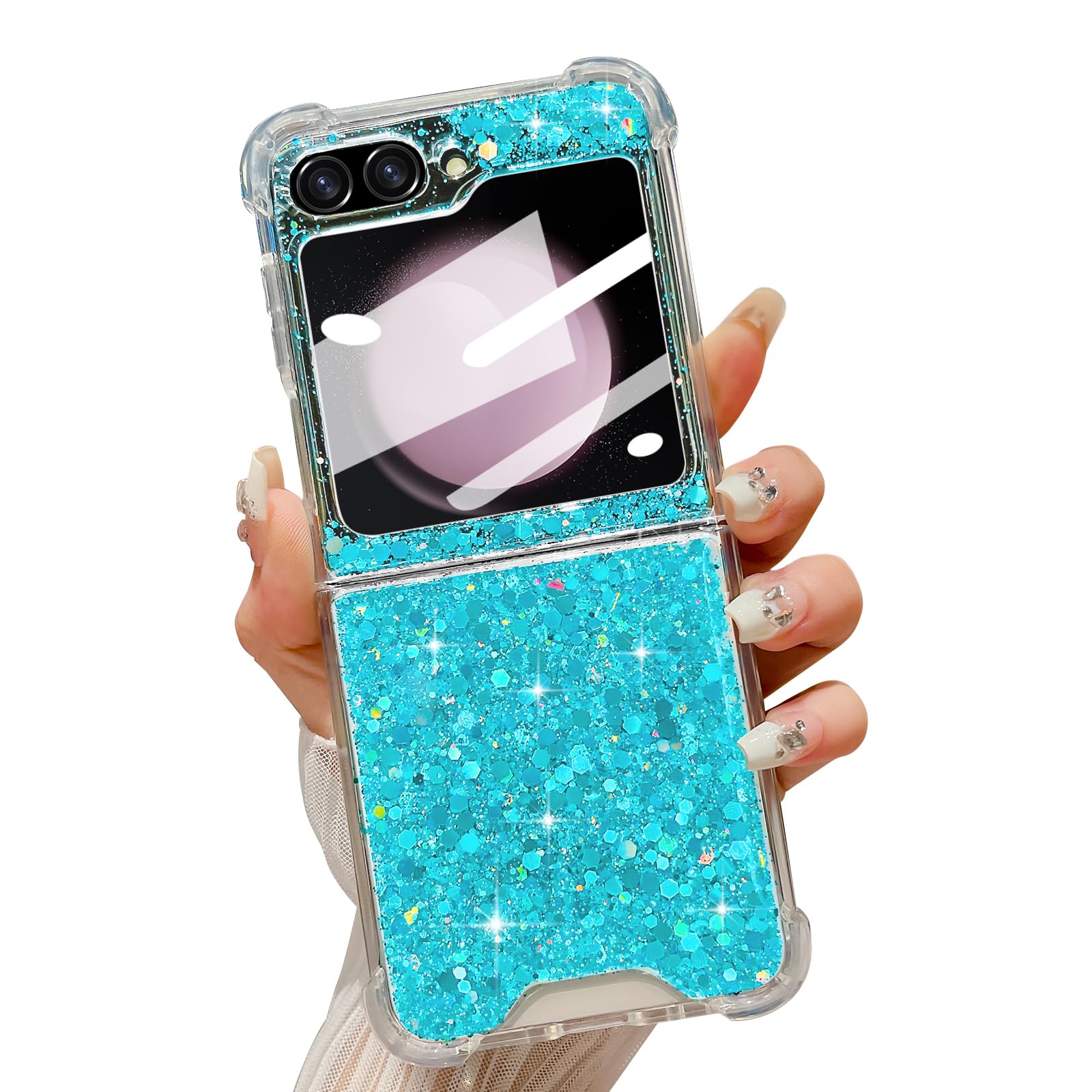 LCHULLE for Samsung Galaxy Z Flip 5 Case Bling Glitter for Girls Women Cute Shiny Sparkle Sequin Stars, Soft Silicone Four-Corner Shockproof Cover