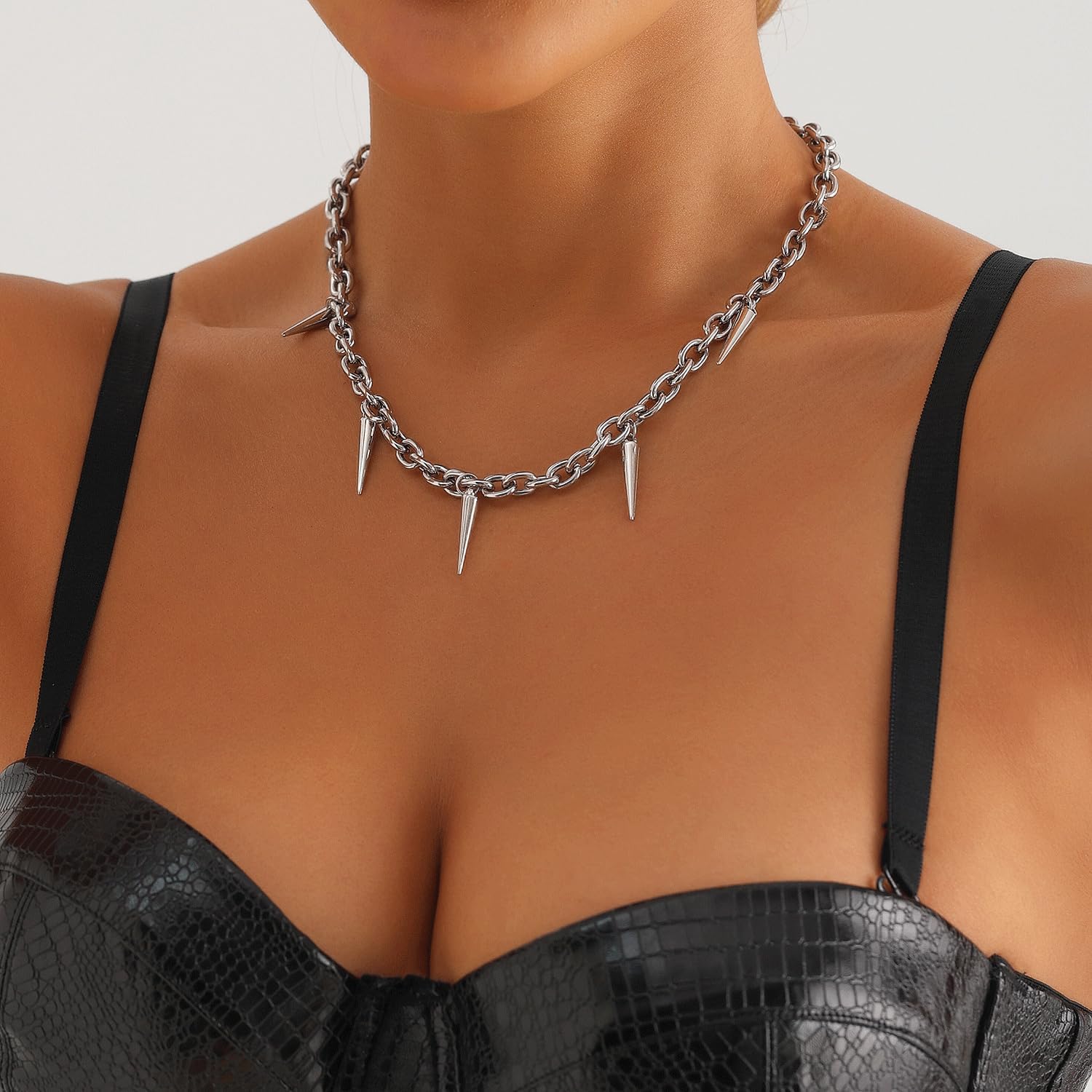 Silver Punk Spiked Chokers Necklaces Rivet Goth Necklaces Chokers with Spikes and Chain Streetwear jewelry Hard Rock Style Men Women Party Night Club Costume Accessories - Image 3