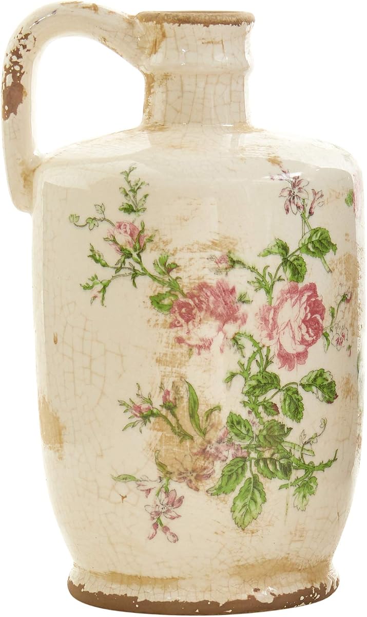 Jarra de cerámica toscana con estampado floral de 10 pulgadas Decoración de habitación vintage | Recipiente duradero estilo granja, base sin agujeros de drenaje de 5,71 cuartos, solo uso decorativo, exhibición encantadora para espacios habitables