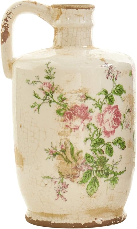 Jarra de cerámica toscana con estampado floral de 10 pulgadas Decoración de habitación vintage | Recipiente duradero estilo granja, base sin agujeros de drenaje de 5,71 cuartos, solo uso decorativo, exhibición encantadora para espacios habitables