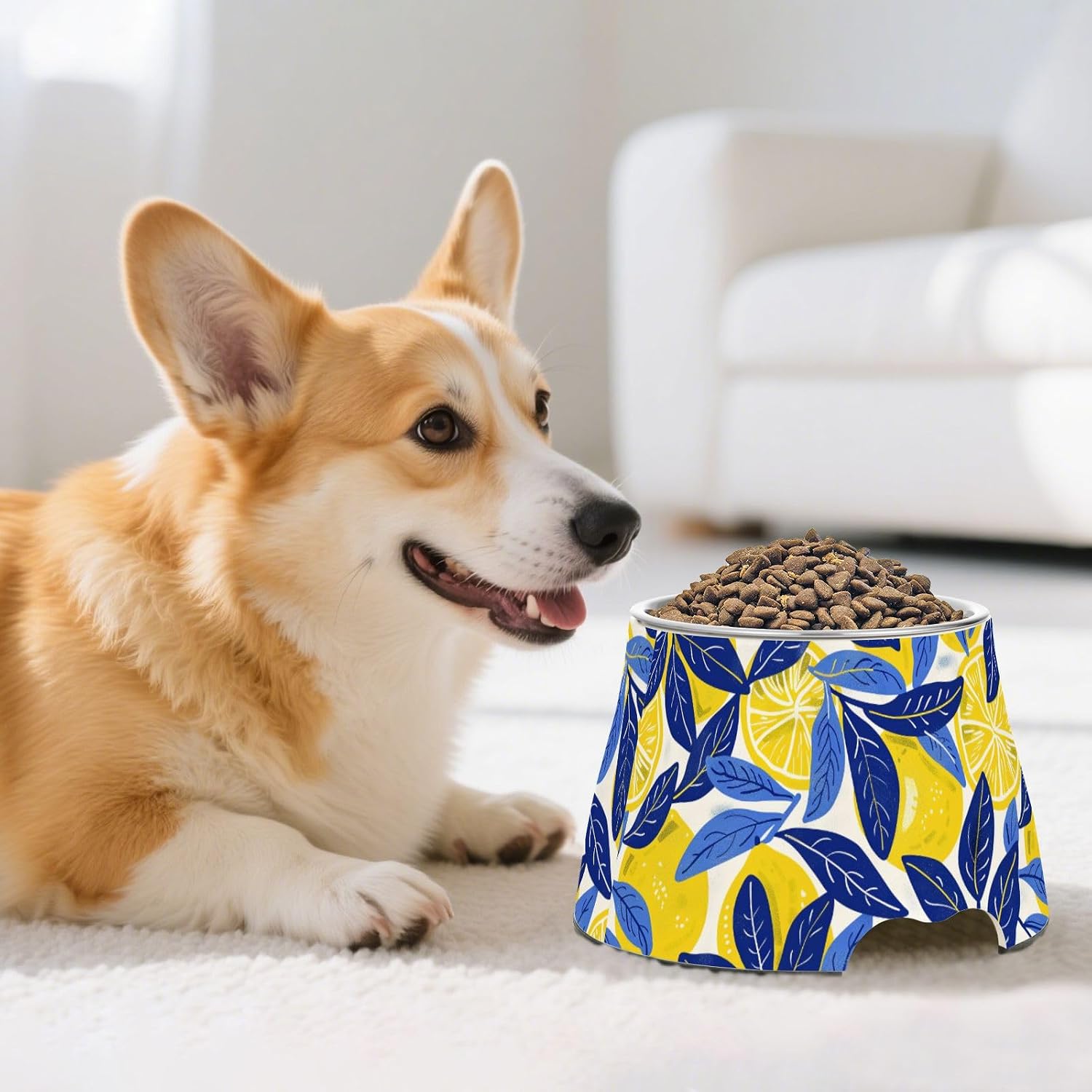 Lemon Design Yellow Blue Pets Food Bowl Non Slip Stainless Steel Cats Food Dish for Slow Feed Cats Comfort Feeding