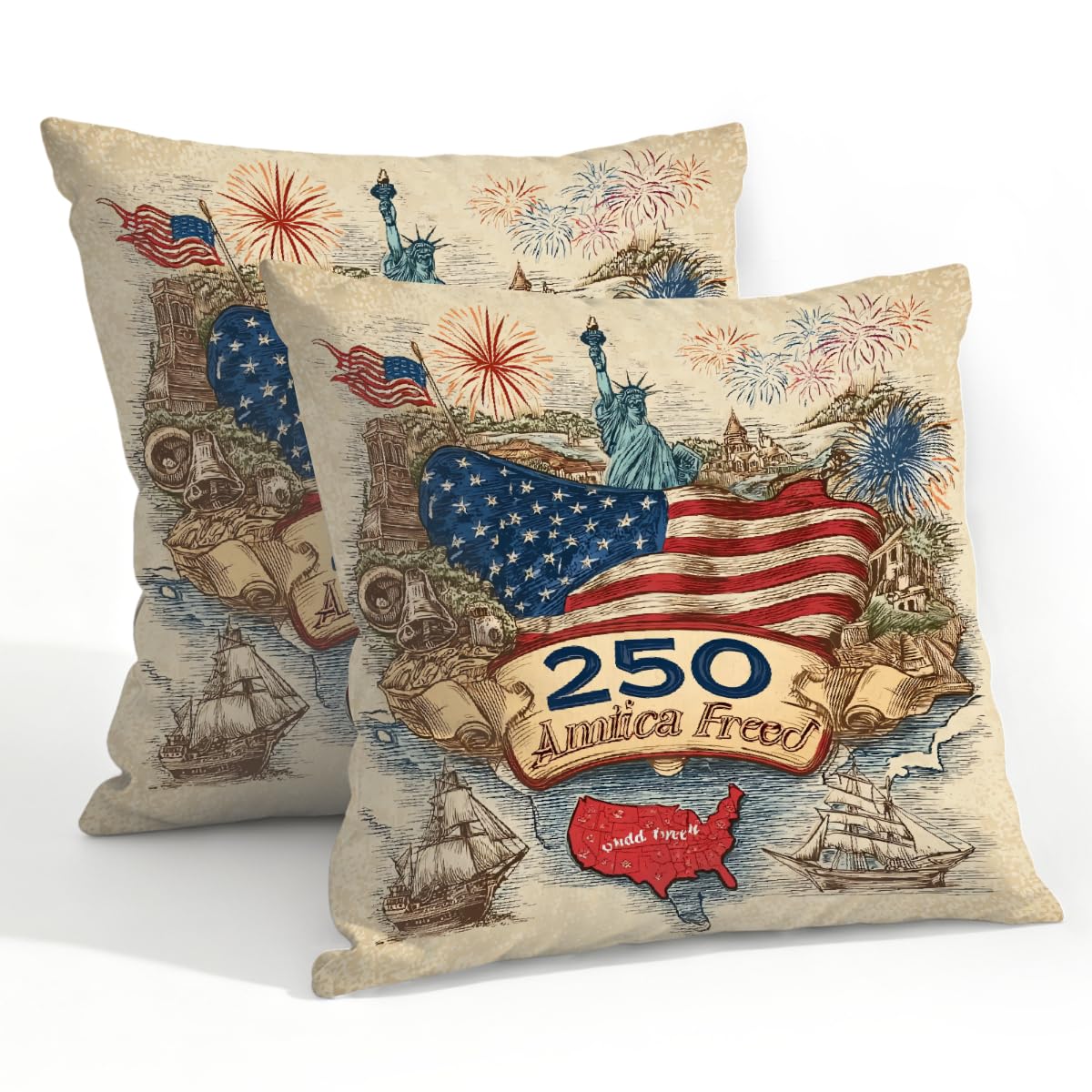 Outdoor Pillow Covers Waterproof Pillowcases 22x22in Set of 2 Vintage American 250th Anniversary Decorative Throw Cushion Case for Couch Sofa Garden Patio Furniture