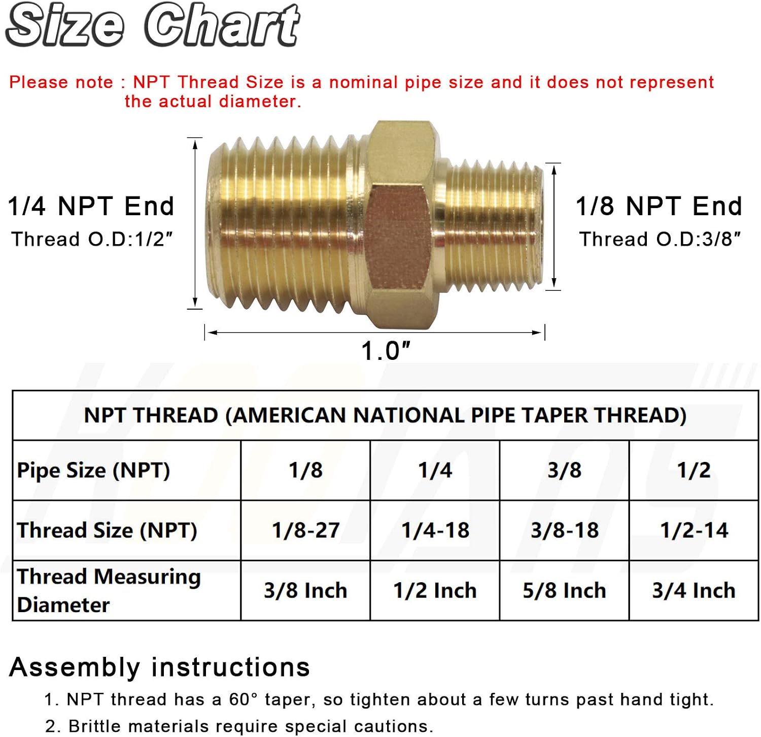 KOOTANS 1/4 NPT x 1/8 NPT Male Solid Brass Nipples, Heavy Brass Pipe Adapter Fittings Hex Reducing Nipples Connectors 4Pieces
