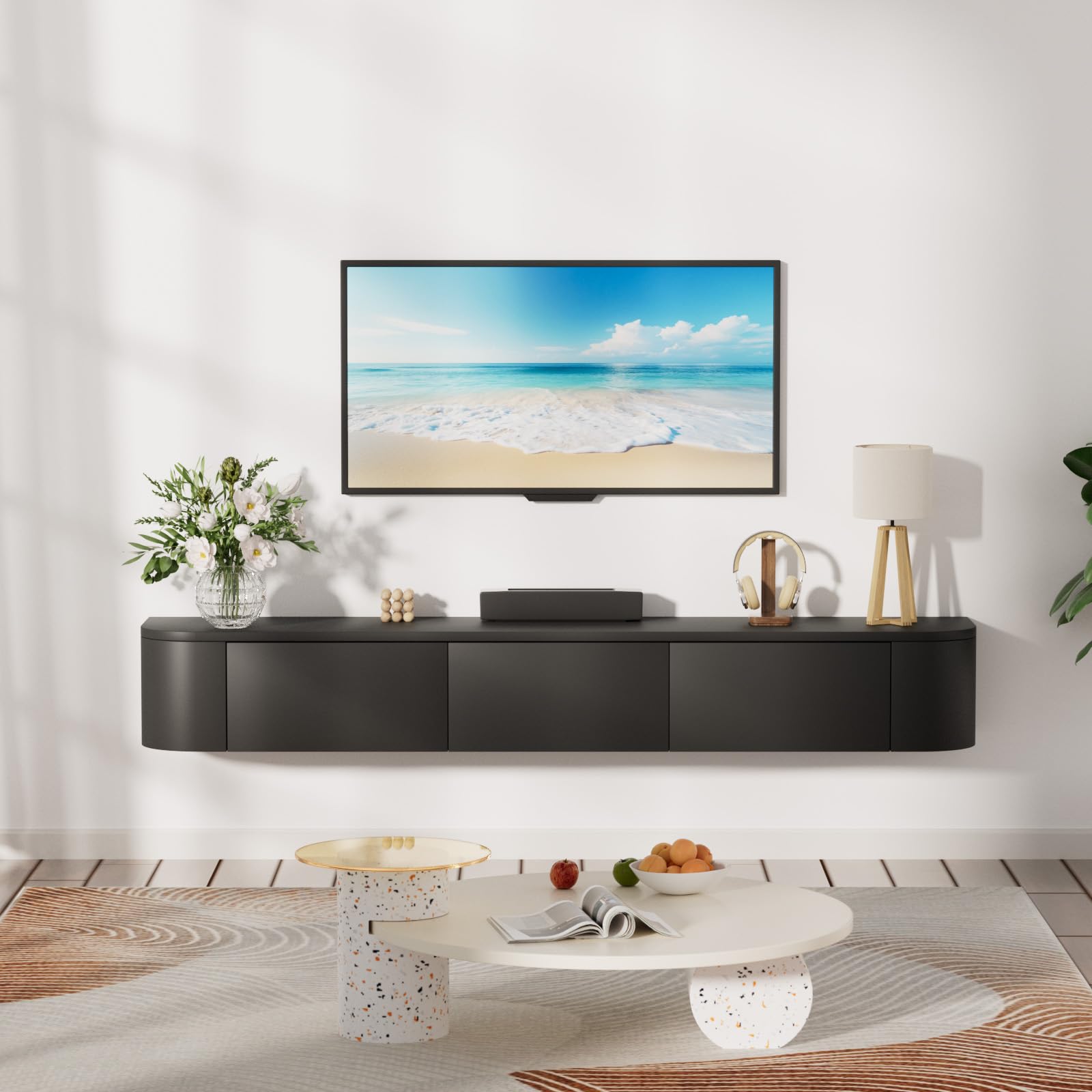 Meuble TV Suspendu 140 Cm Meuble TV Mural avec Rangement de Grande Capacité Table TV Multimédia TV Console Meuble avec Portes et Tiroirs pour Chambre Salon, Noir