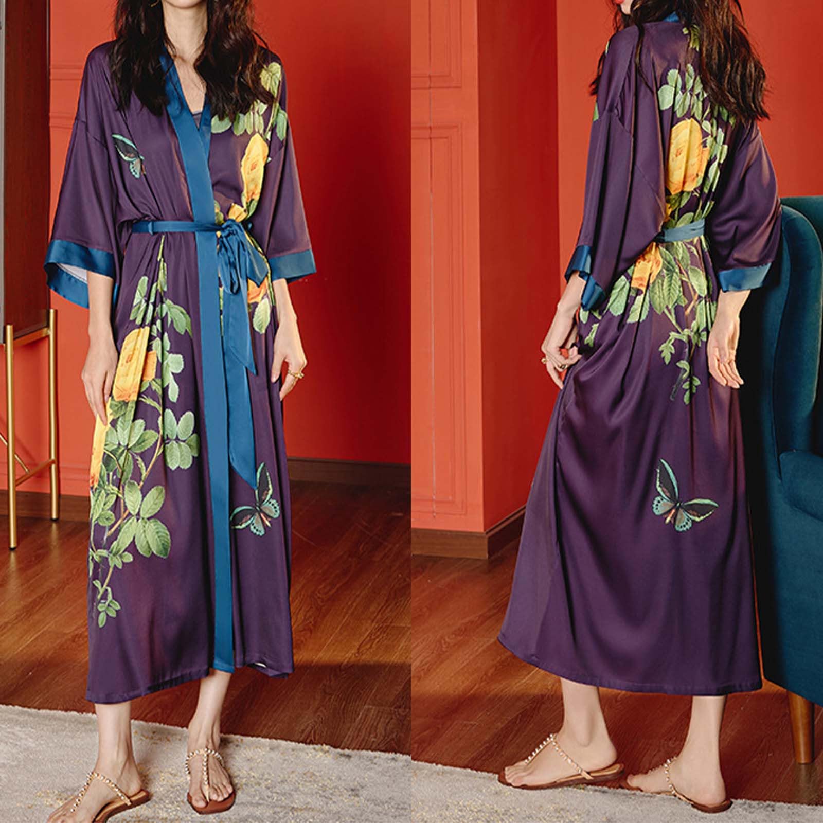 Generisch 2026 Lujoso Kimono de satén floral para mujer, sensación fresca, manga 3/4, bata, ropa de dormir