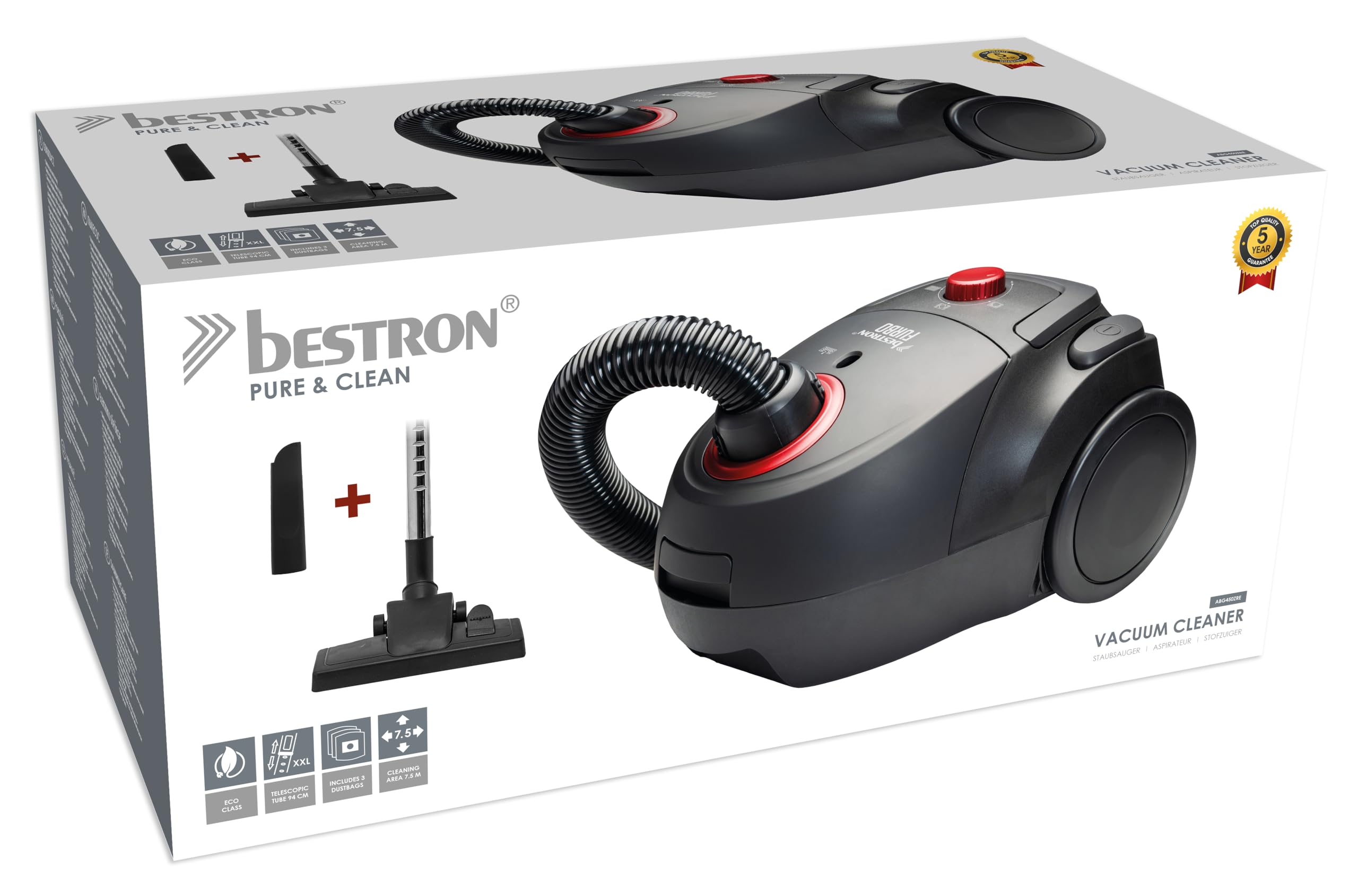Bestron Aspirapolvere con sacchetto, aspirapolvere a pavimento con 3 sacchetti per aspirapolvere, asta telescopica da 94 cm e bocchetta reversibile, raggio d'azione 7,5 m, HEPA12 lavabile e