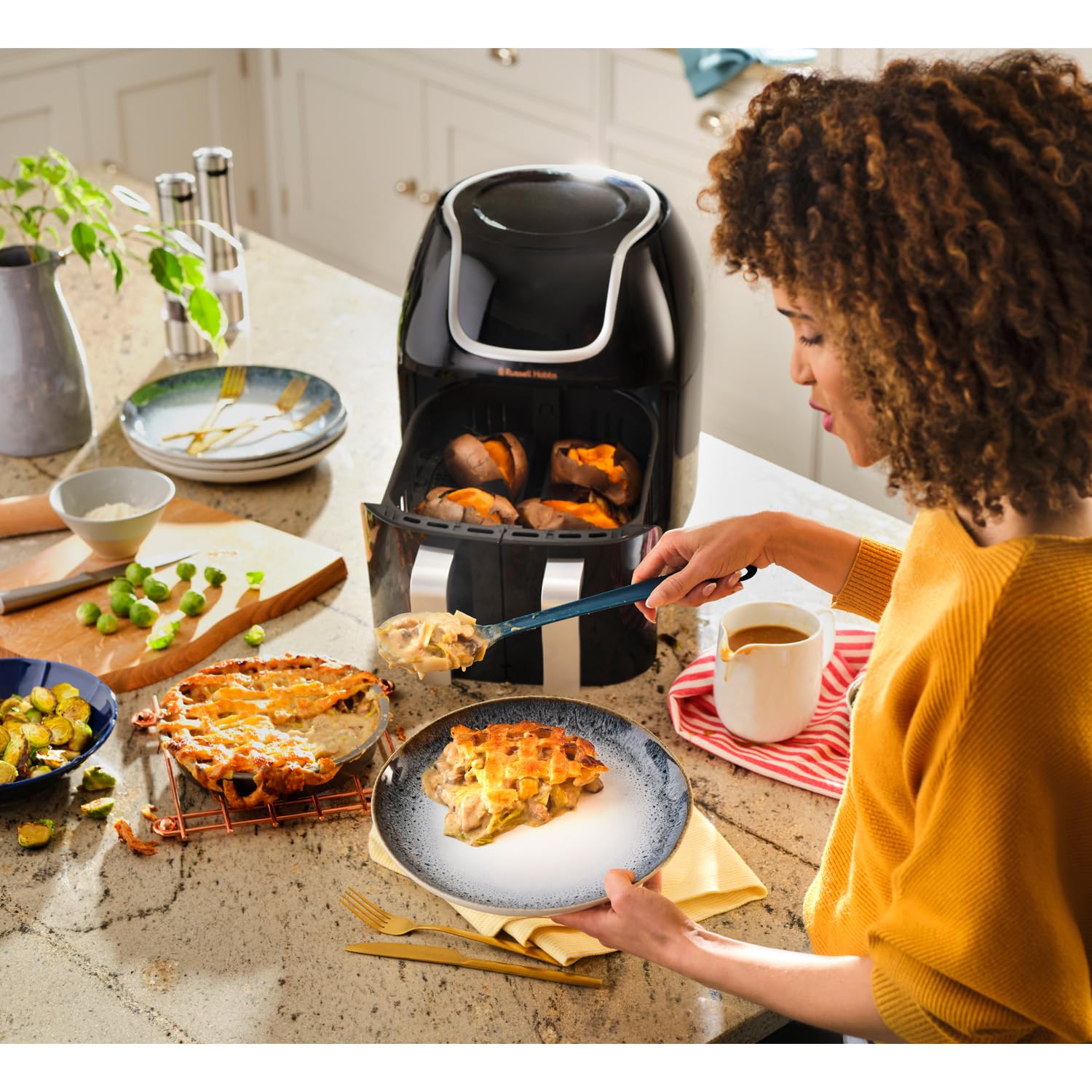 Russell Hobbs Freidora de Aire 8,5 l Doble, Freidora sin Aceite, Dos Cestillos Regulables por Separado, Dietética, Cocción Sincronizable, 8 Programas, Táctil, Digital, hasta 200º C, 27290-56