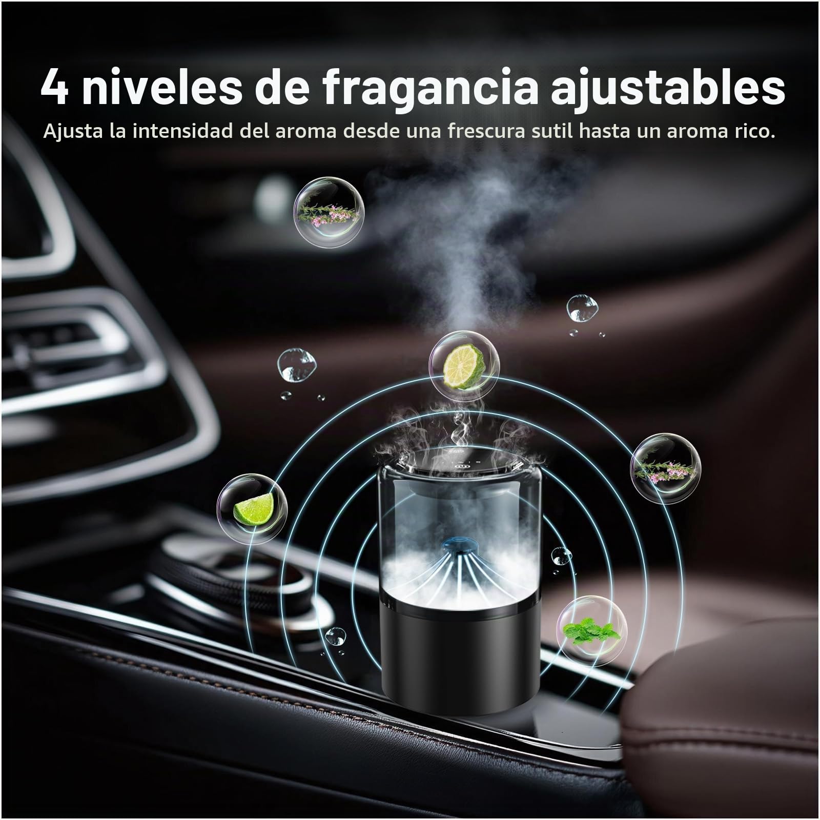 Difusor de Ambientador para Coche con Aroma Blue Ocean de MMOBIEL – Difusor de Coche con 2 Modos de Pulverización, 4 Niveles Intensidad, Encendido/Apagado Automático y Cable – USB/Batería – Sin Llama