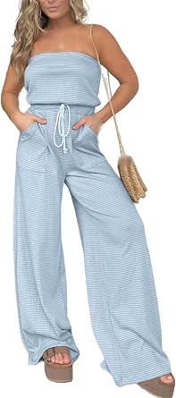 2024 New Strapless Wide Leg Striped Jumpsuit,Womens Sleeveless Off Shoulder Belted Tube Top Romper with Pockets Light Blue,S