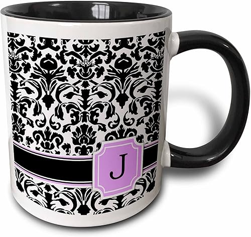 3dRose Letra personalizada con diseño de damasco blanco y negro con monograma, inicial personal en J - Taza negra de dos tonos, 11 onzas, 11 onzas,