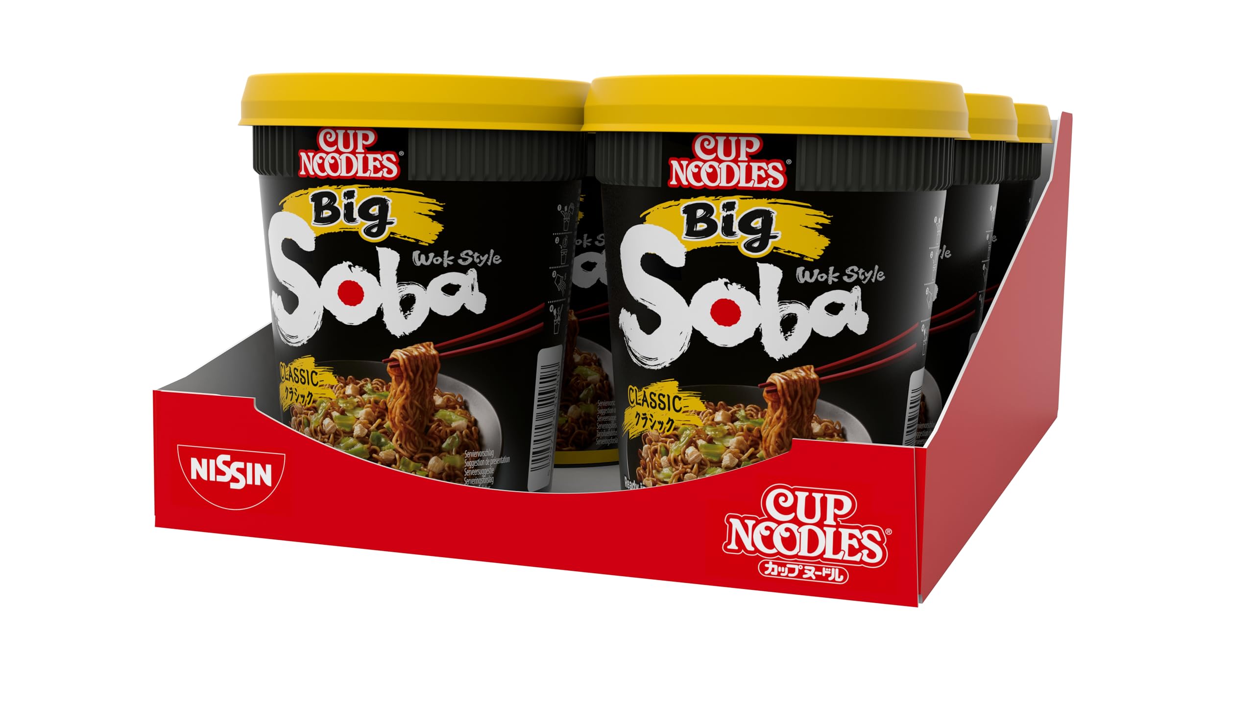 Nissin Cup Noodles Soba BIG Classic - Pack de 6 fideos instantáneos estilo wok estilo japonés con salsa yakisoba y verduras, preparación rápida en taza, comida asiática, porción grande (6 x 113 g)