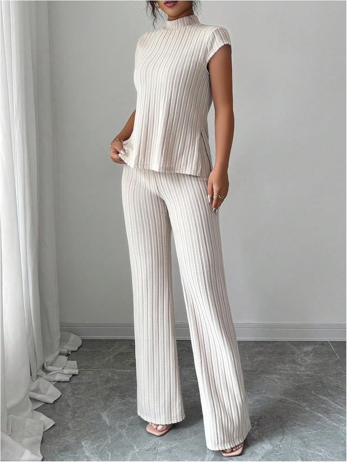 SOLY HUX Women's 2 Piece Outfits Summer Mock Neck Cap Sleeve T Shirt and Pants Casual Matching Sets - Image 4