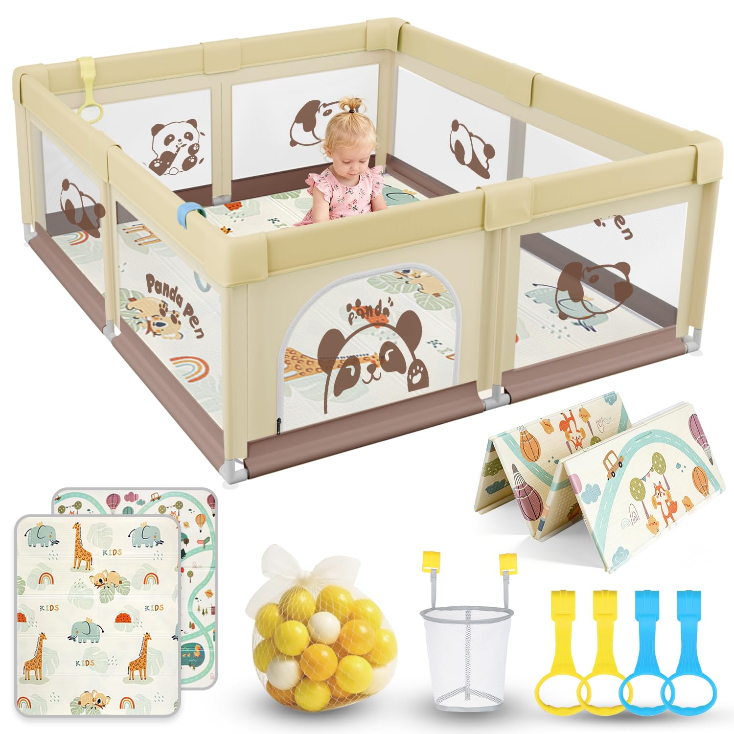 SOFTHOM Box Bambini 180x200 con Tappeto, Recinto per Bambini con 360° Rete Traspirante, Tessuto Oxford, Laterali con Zip, Antiscivolo Robusta Centro Attività, 60 Palline, 4 Maniglie, Panda beige