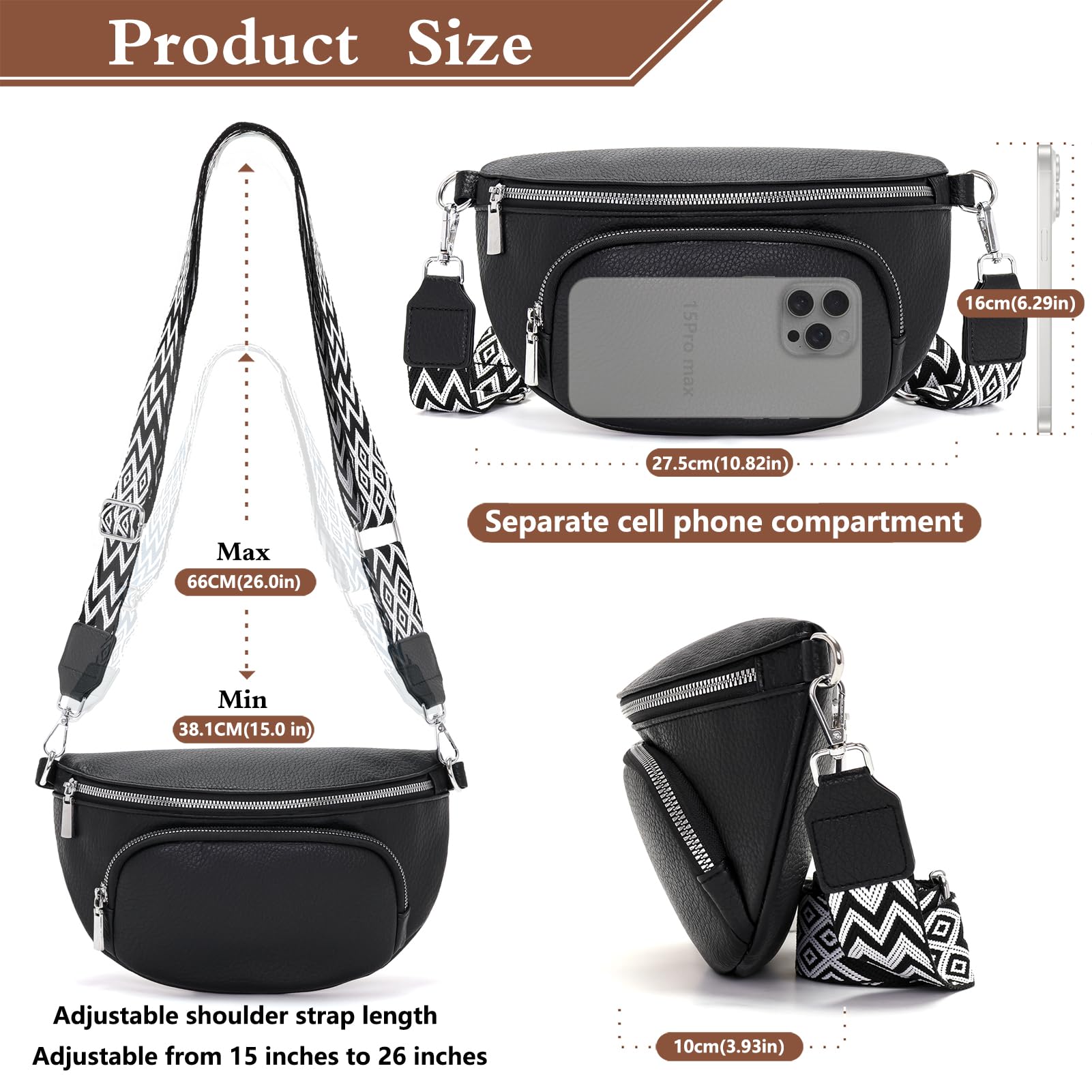 Rorimyth Riñonera Mujer Negro Bolso Cintura Mujer Bolso Bandolera