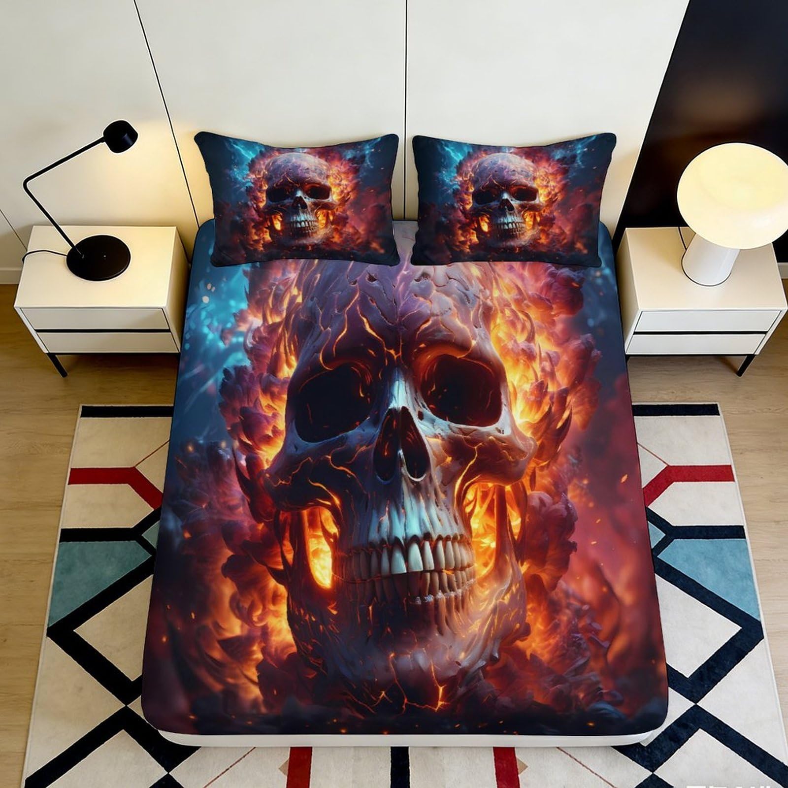3D Printed Flaming Skull Fitted Sheet Microfiber Soft Black Fire Mattress Cover for Bedroom Dorm Protector Decor 90x200x25cm