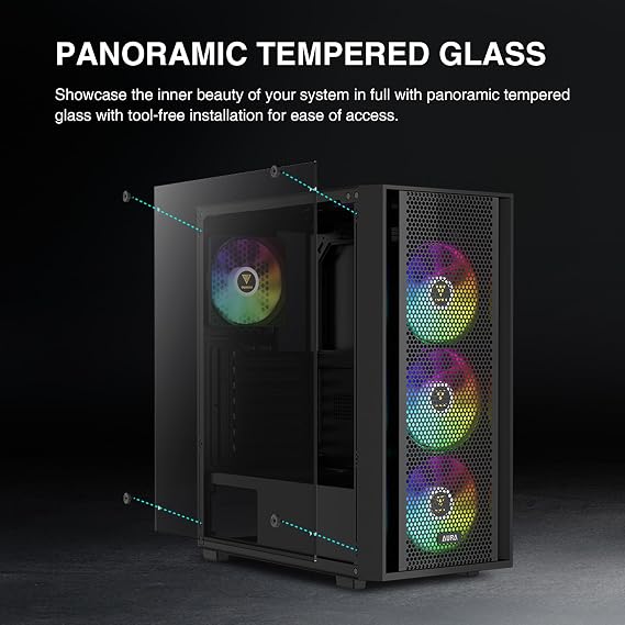 GAMDIAS ATX Mid Tower Computer PC Case with Tempered Glass, 4X 120mm ARGB PWM Fans Gaming Case, Support Up to 6X 120mm Fans, 360mm AIO/Radiator, 260mm GPU/VGA, 160mm CPU Air Cooler