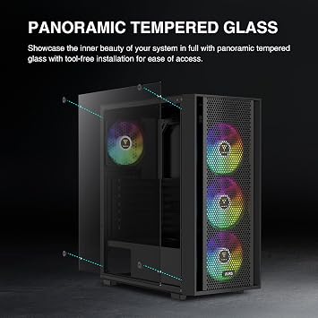 GAMDIAS ATX Mid Tower Computer PC Case with Tempered Glass, 4X 120mm ARGB PWM Fans Gaming Case, Support Up to 6X 120mm Fans, 360mm AIO/Radiator, 260mm GPU/VGA, 160mm CPU Air Cooler