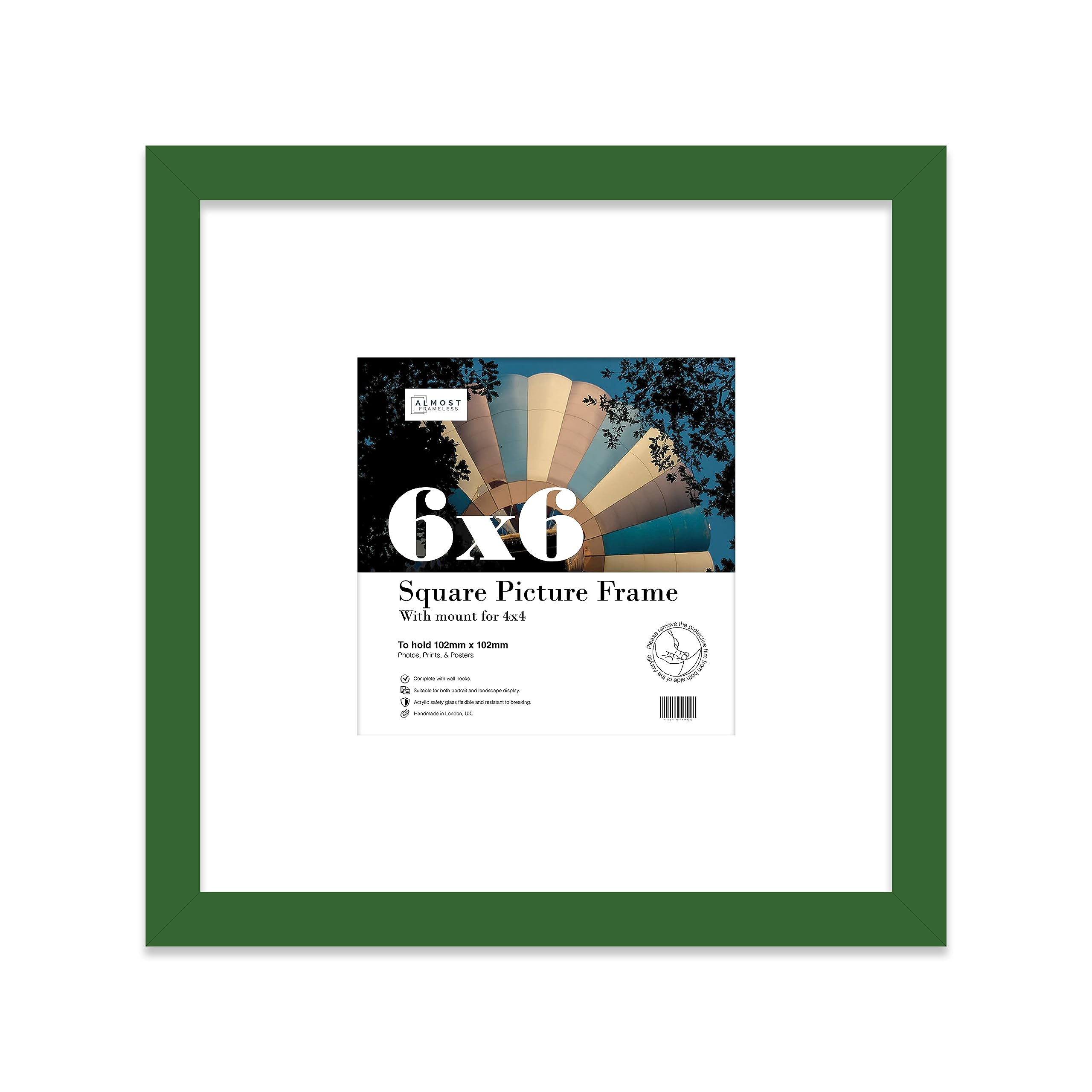 6x6 Green Picture Frame with Mount for 4x4 Photos, Prints - Modern Square Wall Frame, 1 Pack