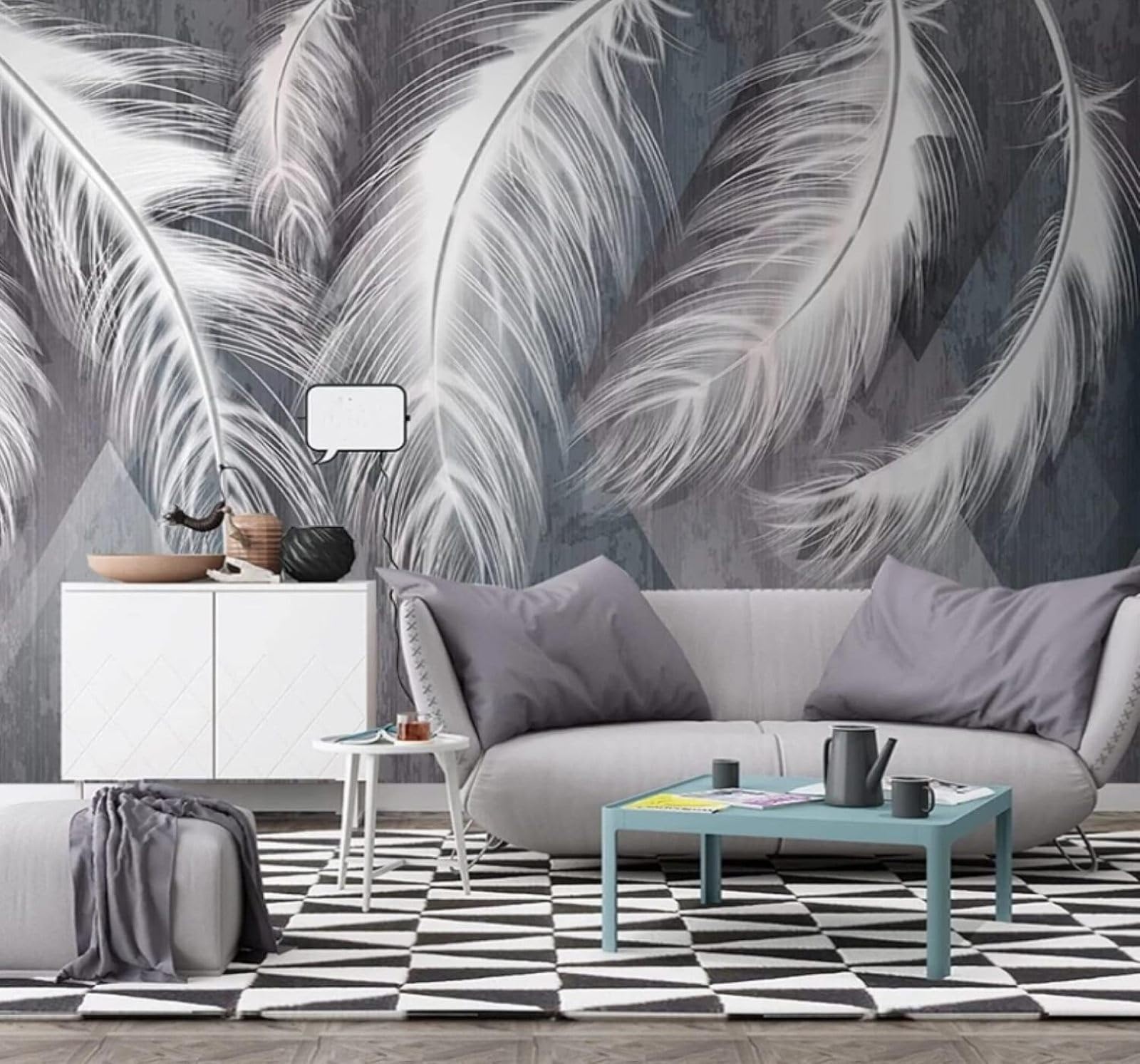 Retro Geometric Three Dimensional White Feathers 3D Wallpaper Easy Install Feature Office Living Room Sofa Bedroom TV Background Wall Decoration-200cm×140cm