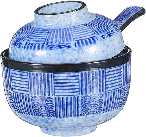 Kichvoe Juego de cuencos de sopa japoneses – 1 juego de cuencos de cerámica para sopa Miso con tapa y cuchara para fideos y arroz Ramen, ideal para