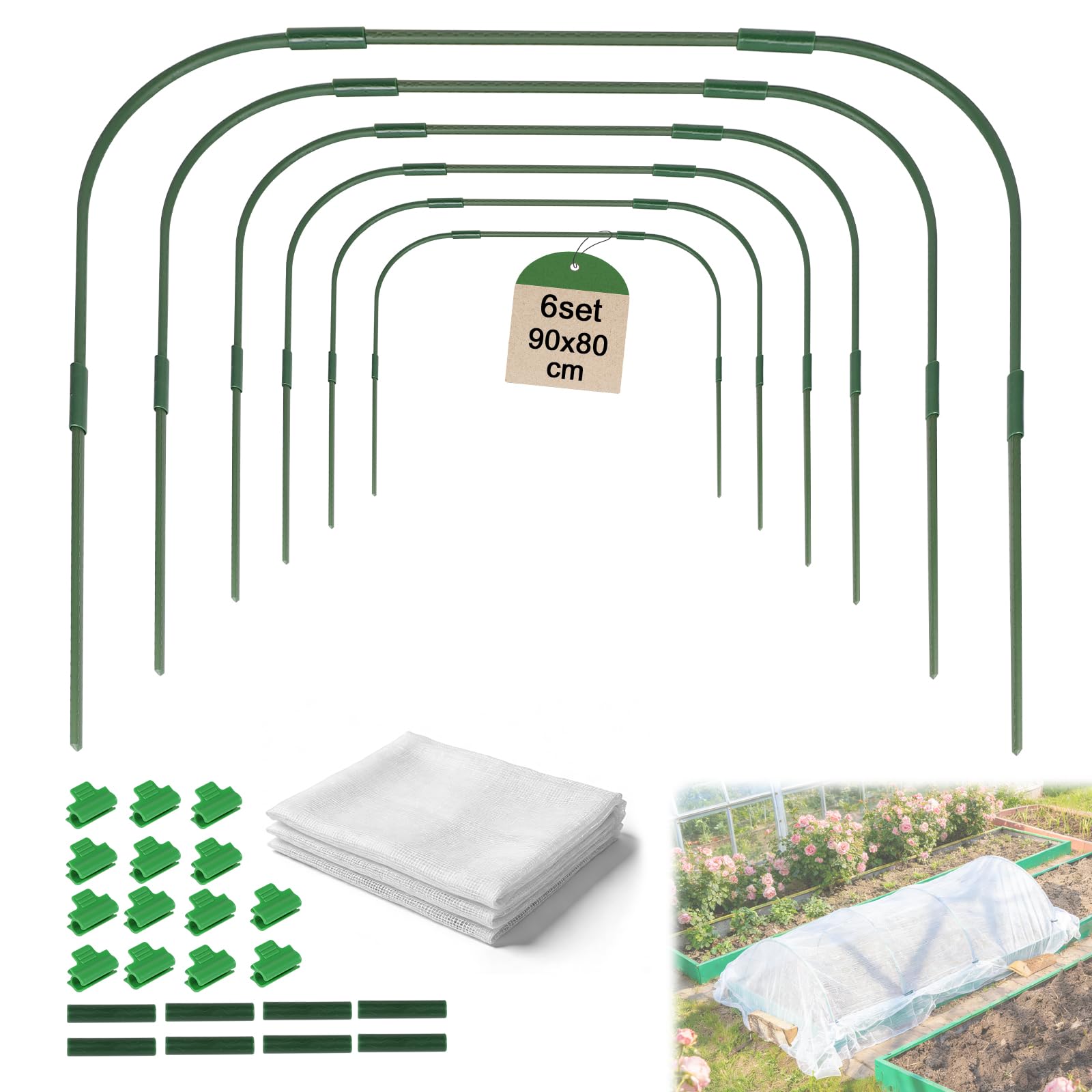 EXLECO 6Pcs Arcos para Invernadero 90 * 80cm Neumáticos de Invernadero con Clips y Malla para Plantas Aros de Soporte de Jardin Invernadero para Cultivar Túneles Soporte para Túnel de Plantas Jardín