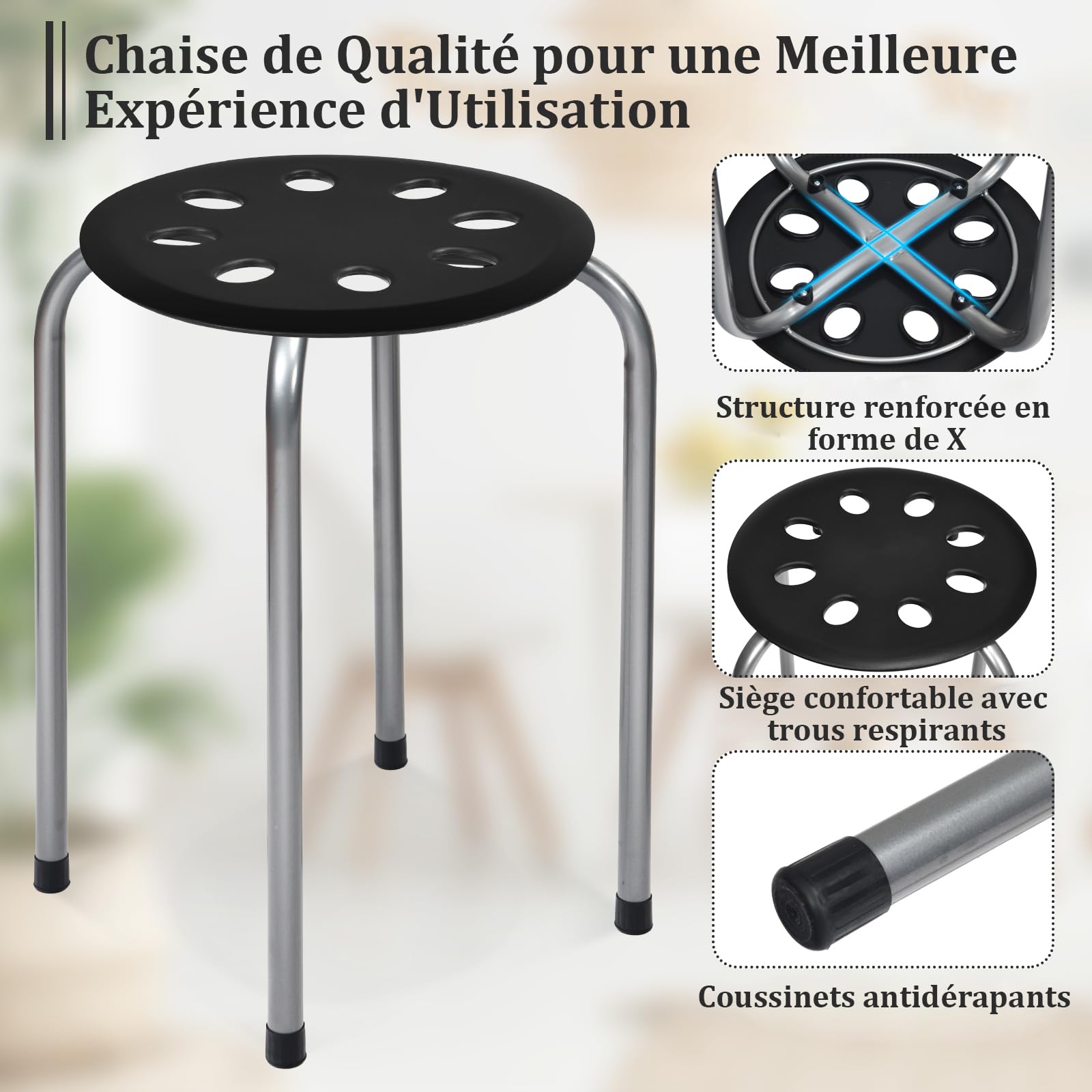COSTWAY Lot de 6 Tabourets Empilables, Tabourets de Bars Ronds Structure en Métal en Forme de X, Tabourets Gigognes pour Enfants et Adultes, Maison, Bureau, Salles de Classe (Gris foncé)