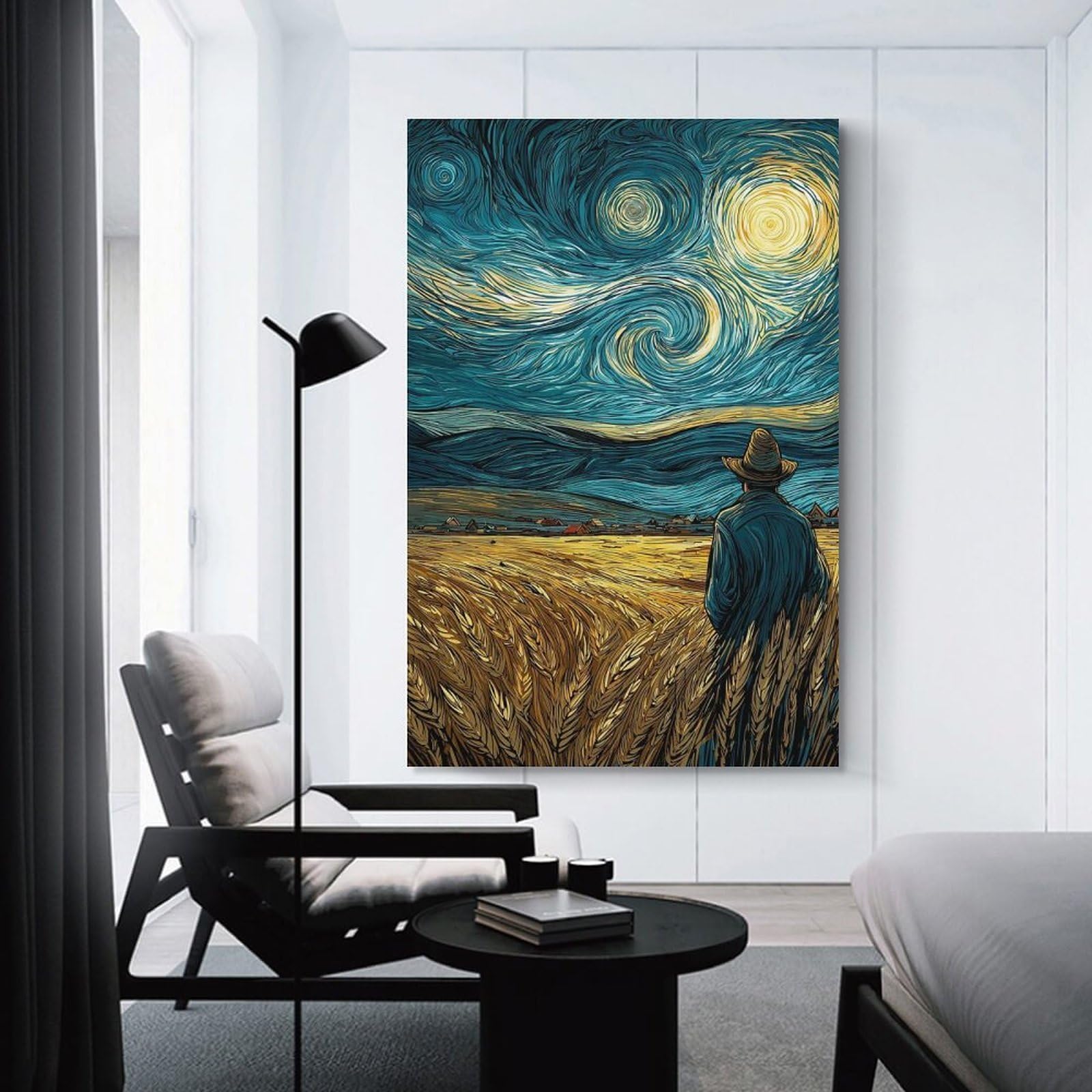 Junmoney Unframe-Style-18 Wheatfield Under A Starry Night Hanging Wall Art, 24X36inch(60X90cm), For Bedroom Decor, Cosy Corners Or Studios, An Easy Wall Refresh For Bedrooms