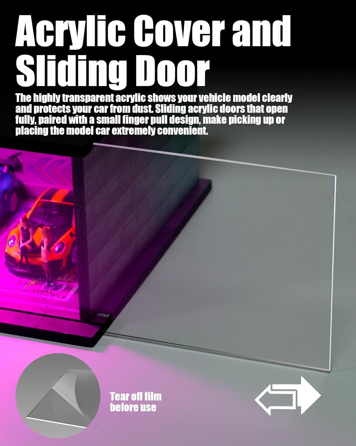 1/64 Scale Display Case Car Garage Moldel, Cyberpunk Style Acrylic Cover Diecast Car Show Case with LED Light 2 Parking Spaces for Toy Car Display and Storage (Vehicles Not Included) 06